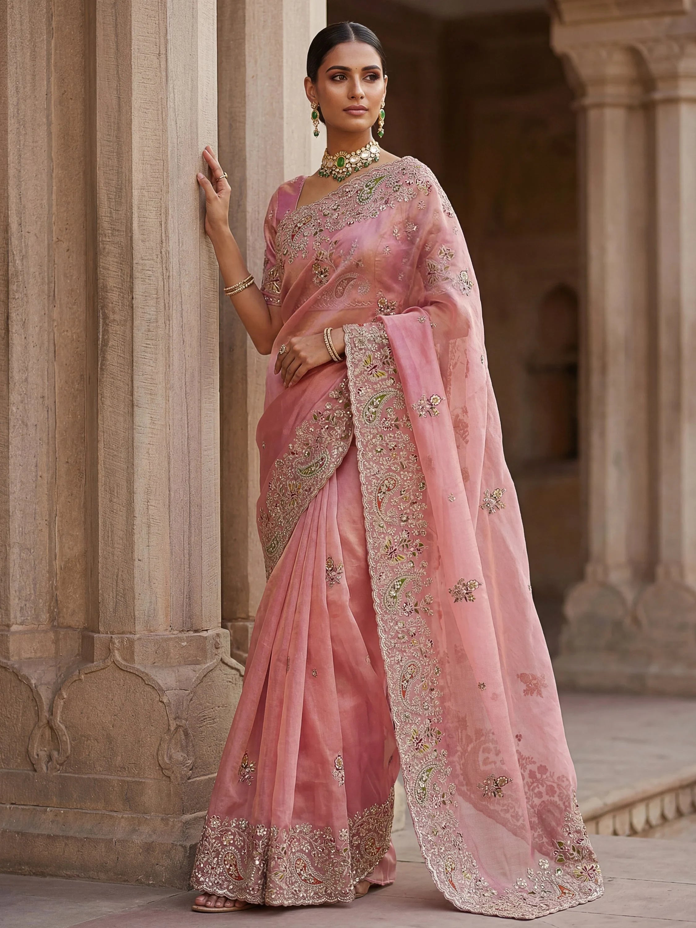 Pink Pretty Patch Embroidery Silk Engagement Wear Saree With Blouse