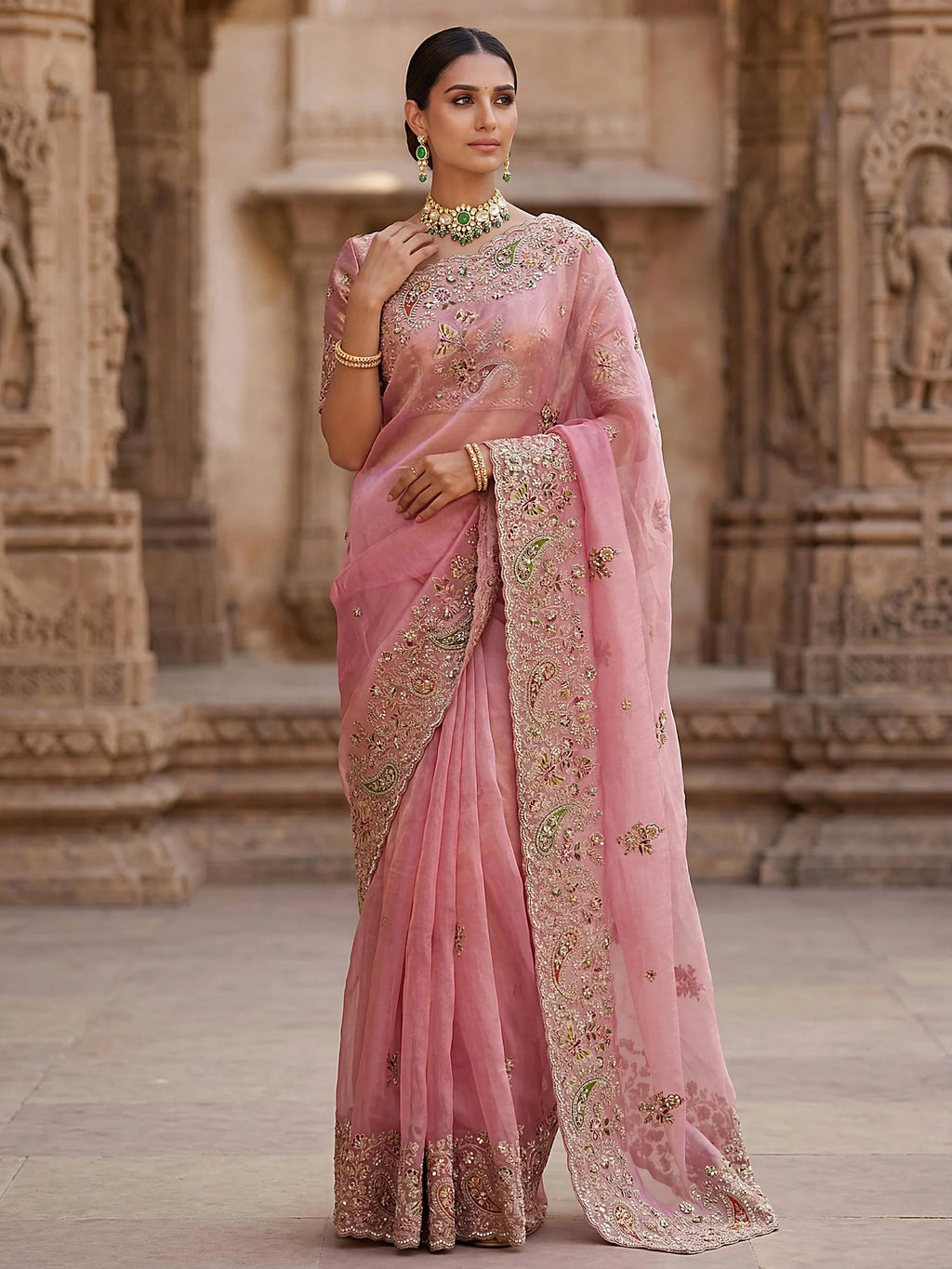 Pink Pretty Patch Embroidery Silk Engagement Wear Saree With Blouse
