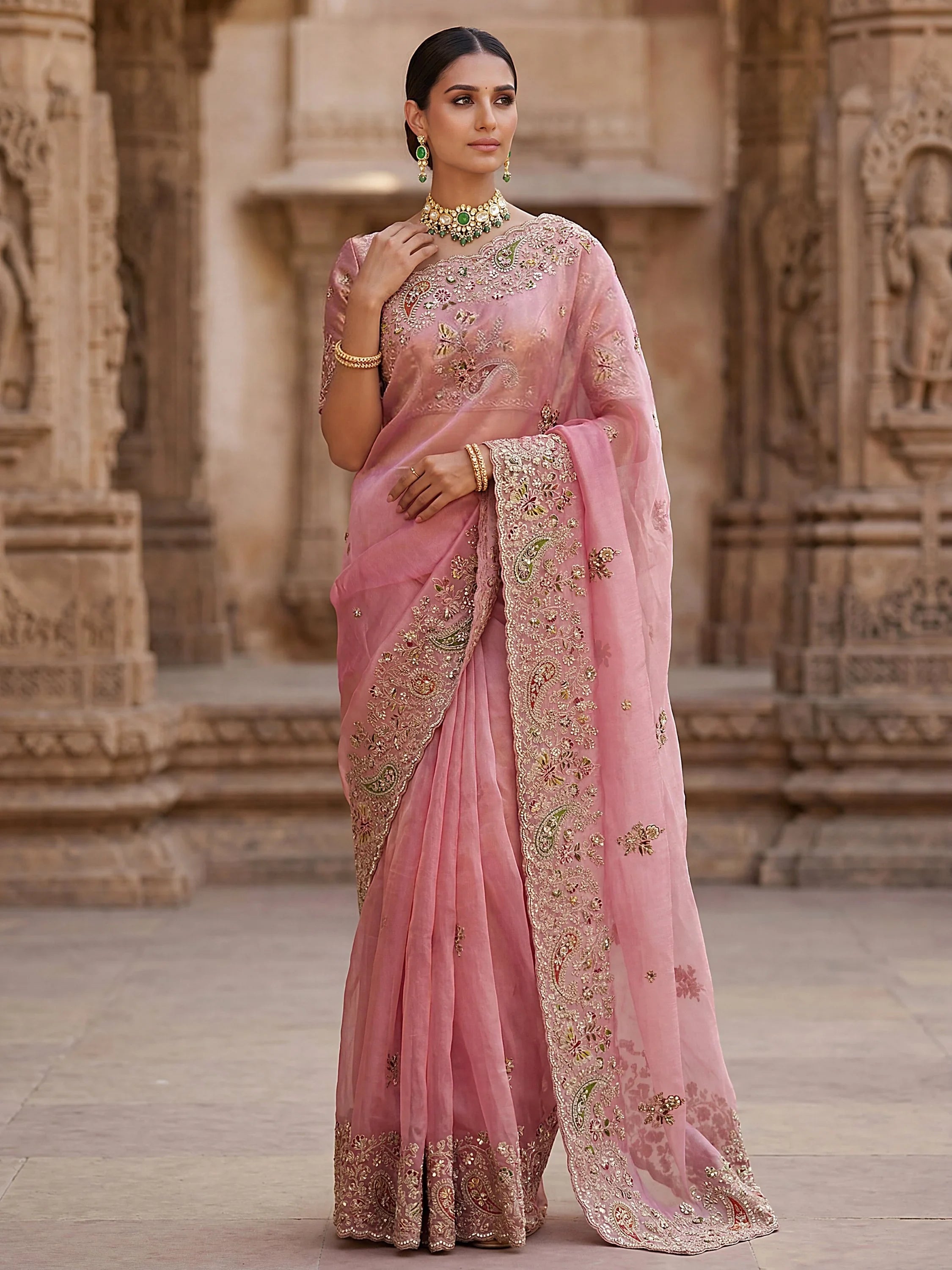 Pink Pretty Patch Embroidery Silk Engagement Wear Saree With Blouse