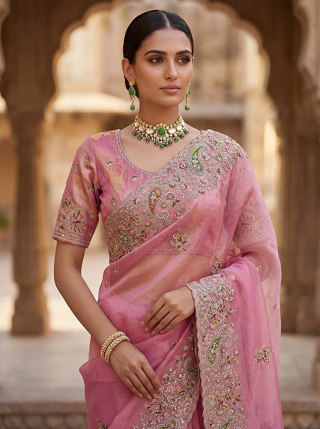 Pink Pretty Patch Embroidery Silk Engagement Wear Saree With Blouse