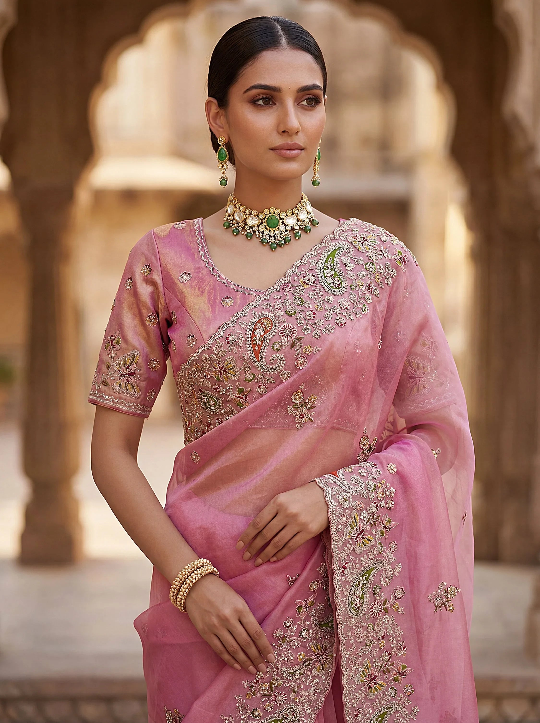 Pink Pretty Patch Embroidery Silk Engagement Wear Saree With Blouse