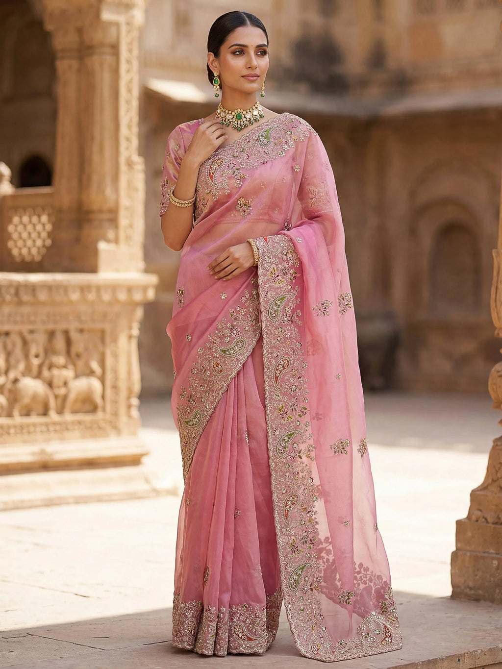 Pink Pretty Patch Embroidery Silk Engagement Wear Saree With Blouse
