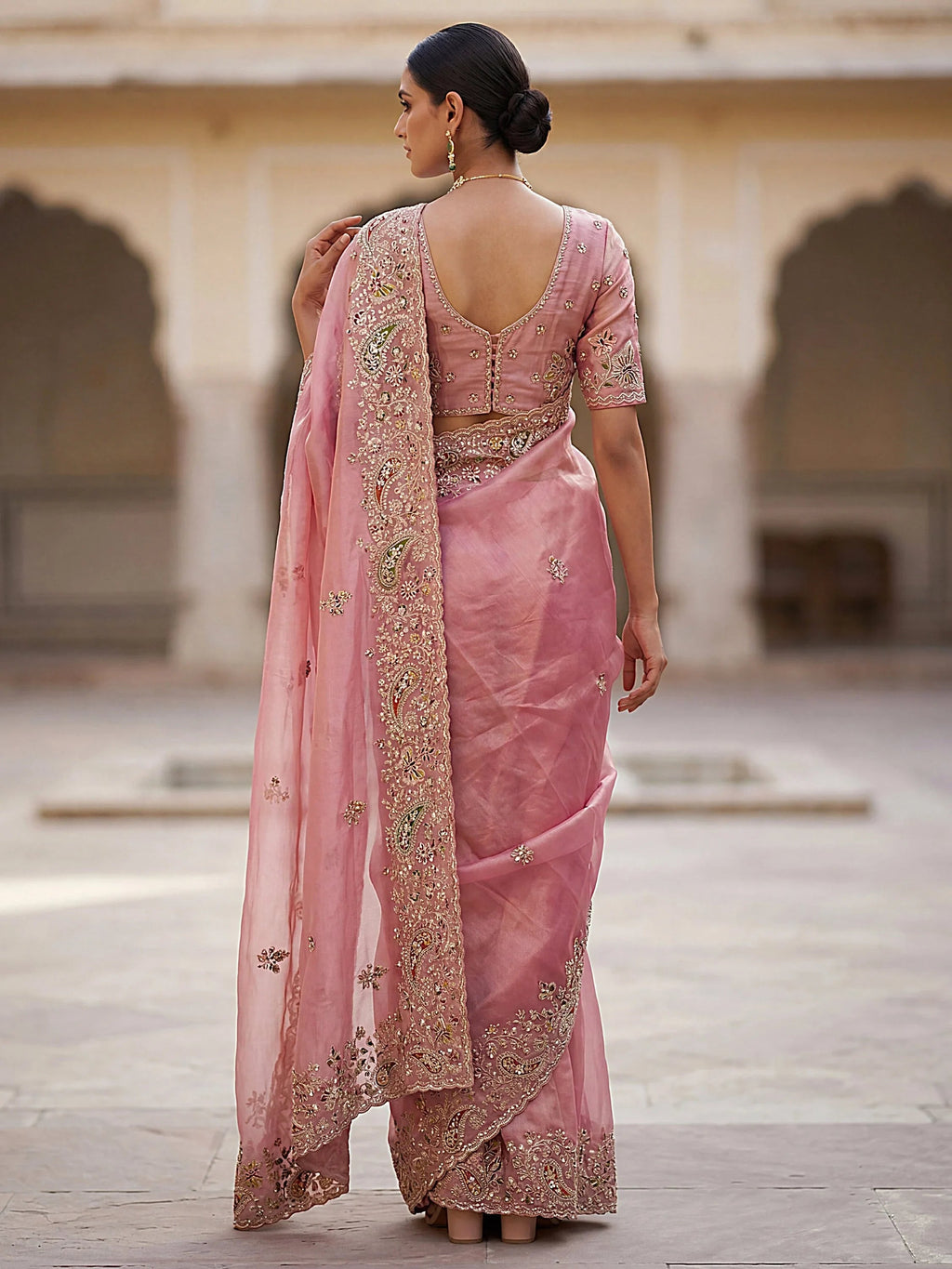 Pink Pretty Patch Embroidery Silk Engagement Wear Saree With Blouse