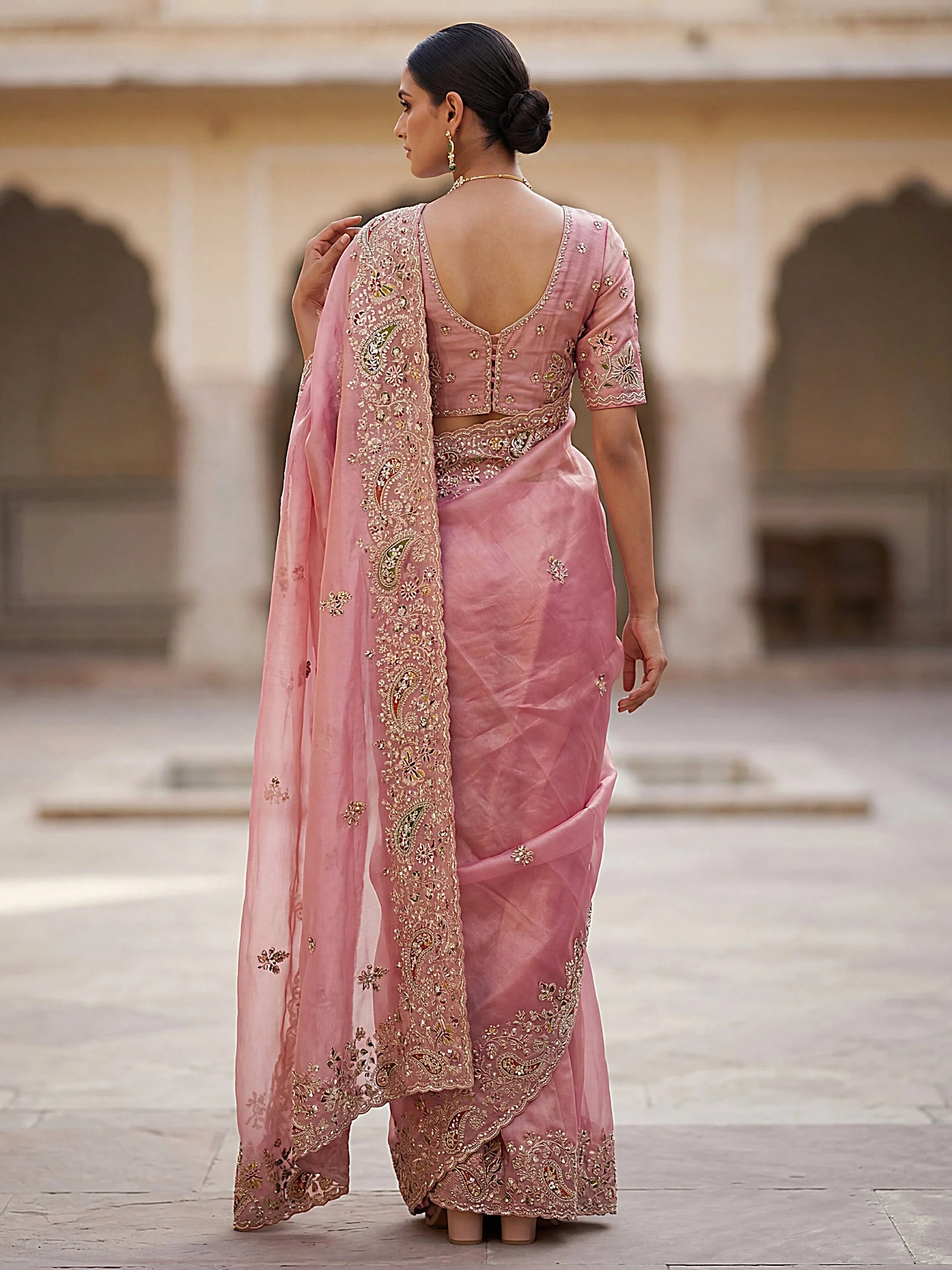 Pink Pretty Patch Embroidery Silk Engagement Wear Saree With Blouse