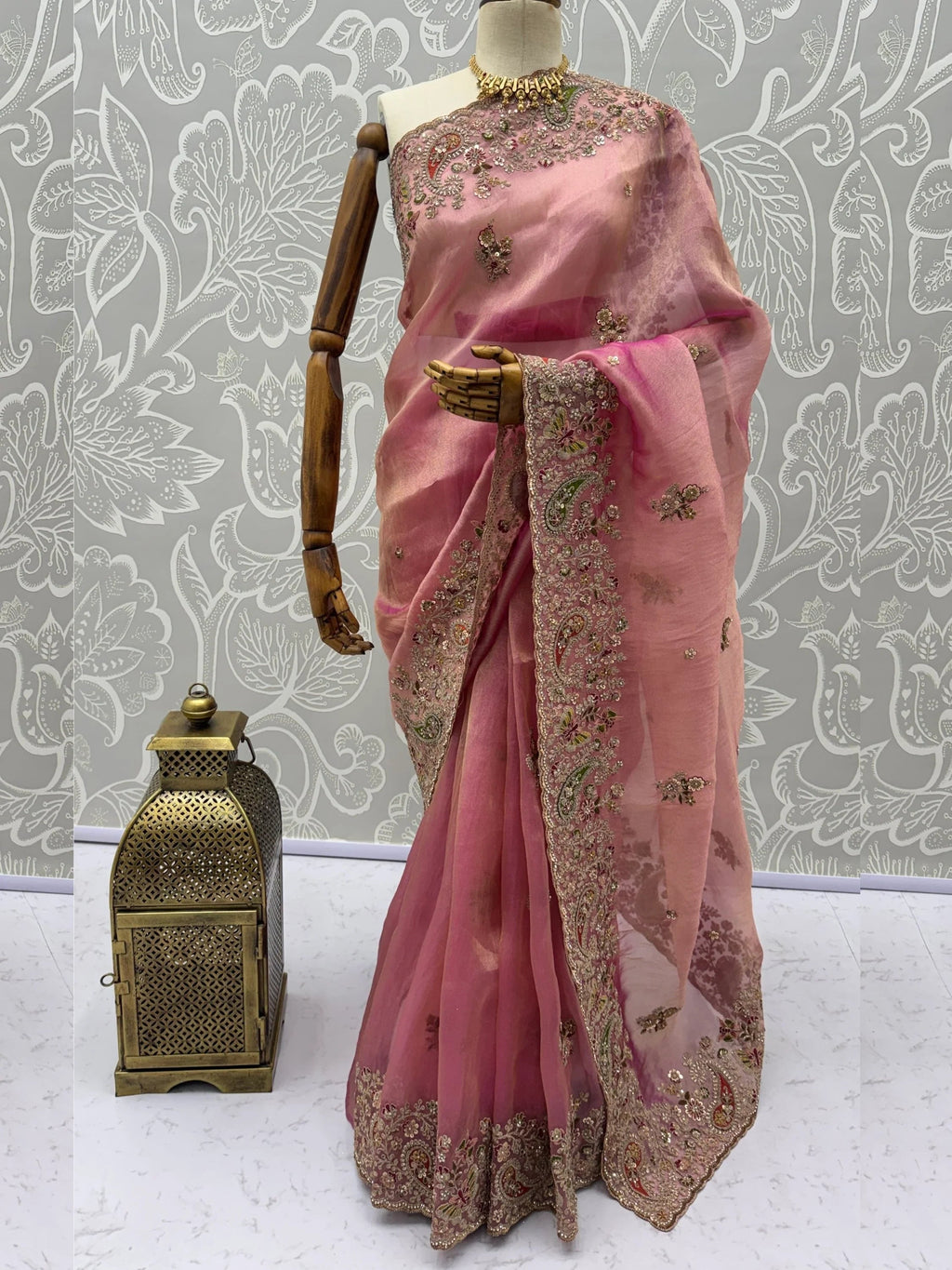 Pink Pretty Patch Embroidery Silk Engagement Wear Saree With Blouse