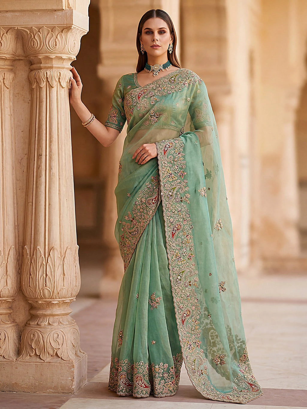 Green Pretty Patch Embroidery Silk Engagement Wear Saree With Blouse