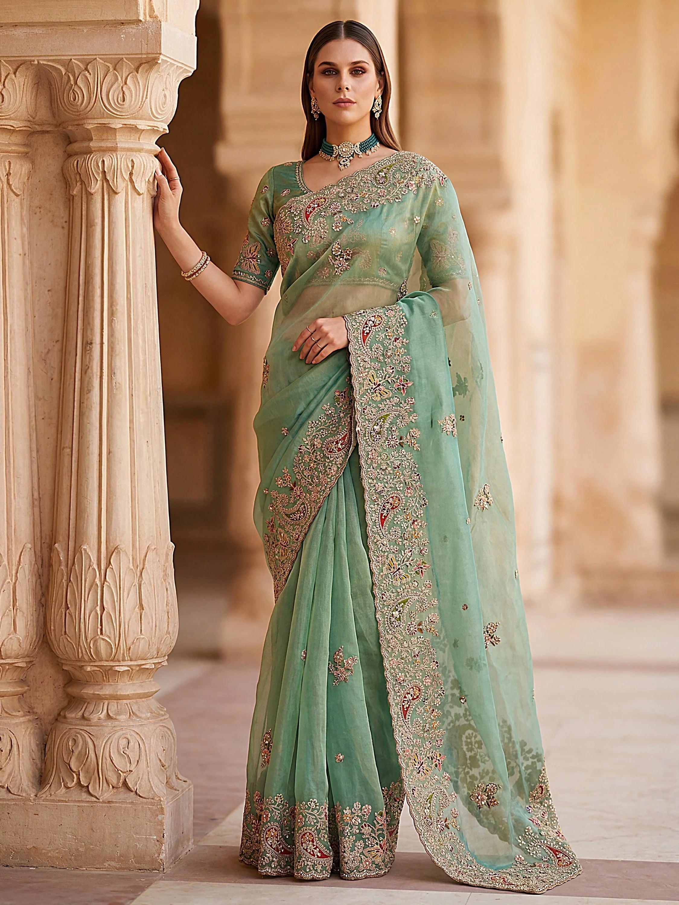 Green Pretty Patch Embroidery Silk Engagement Wear Saree With Blouse
