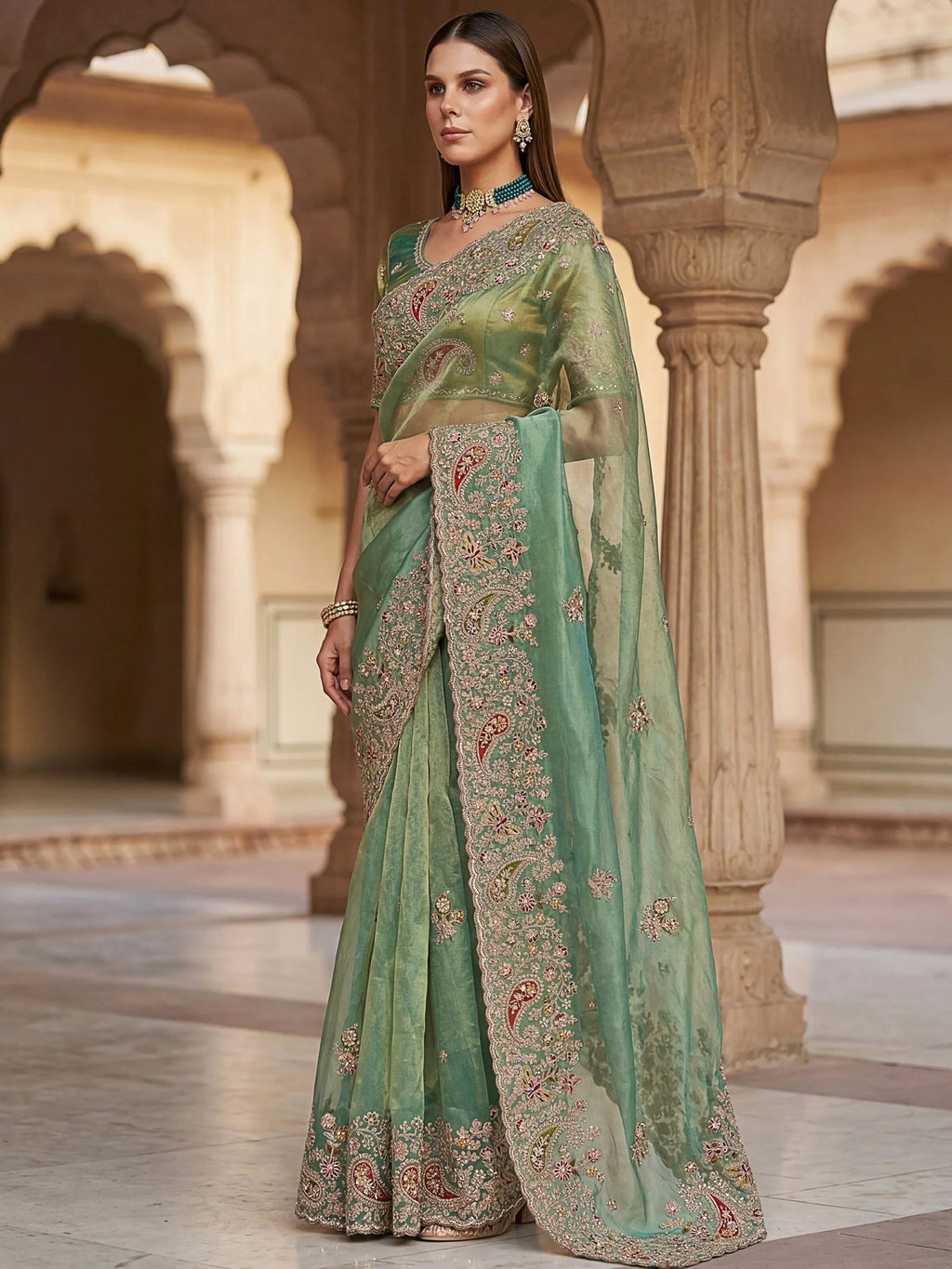 Green Pretty Patch Embroidery Silk Engagement Wear Saree With Blouse