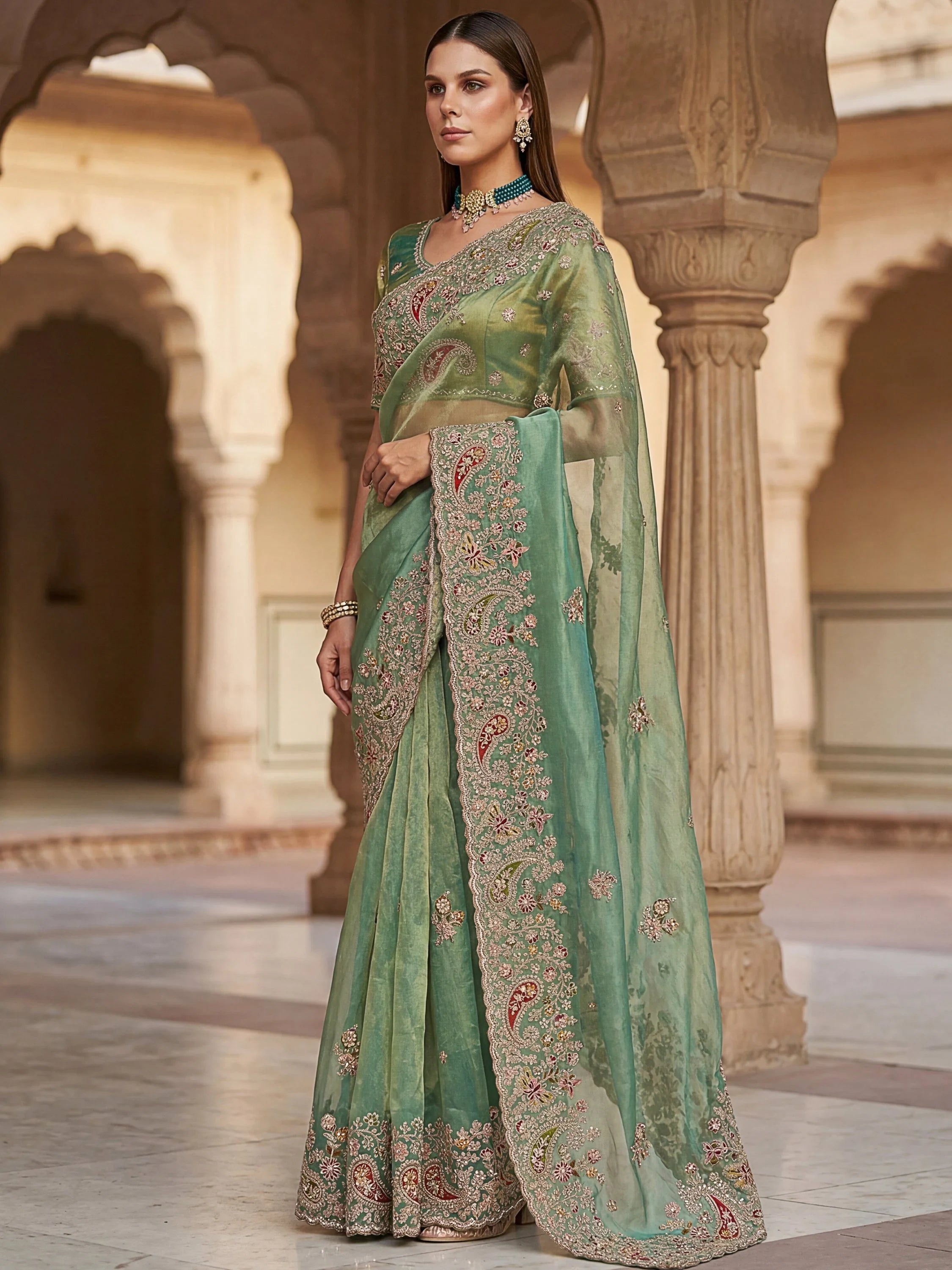 Green Pretty Patch Embroidery Silk Engagement Wear Saree With Blouse