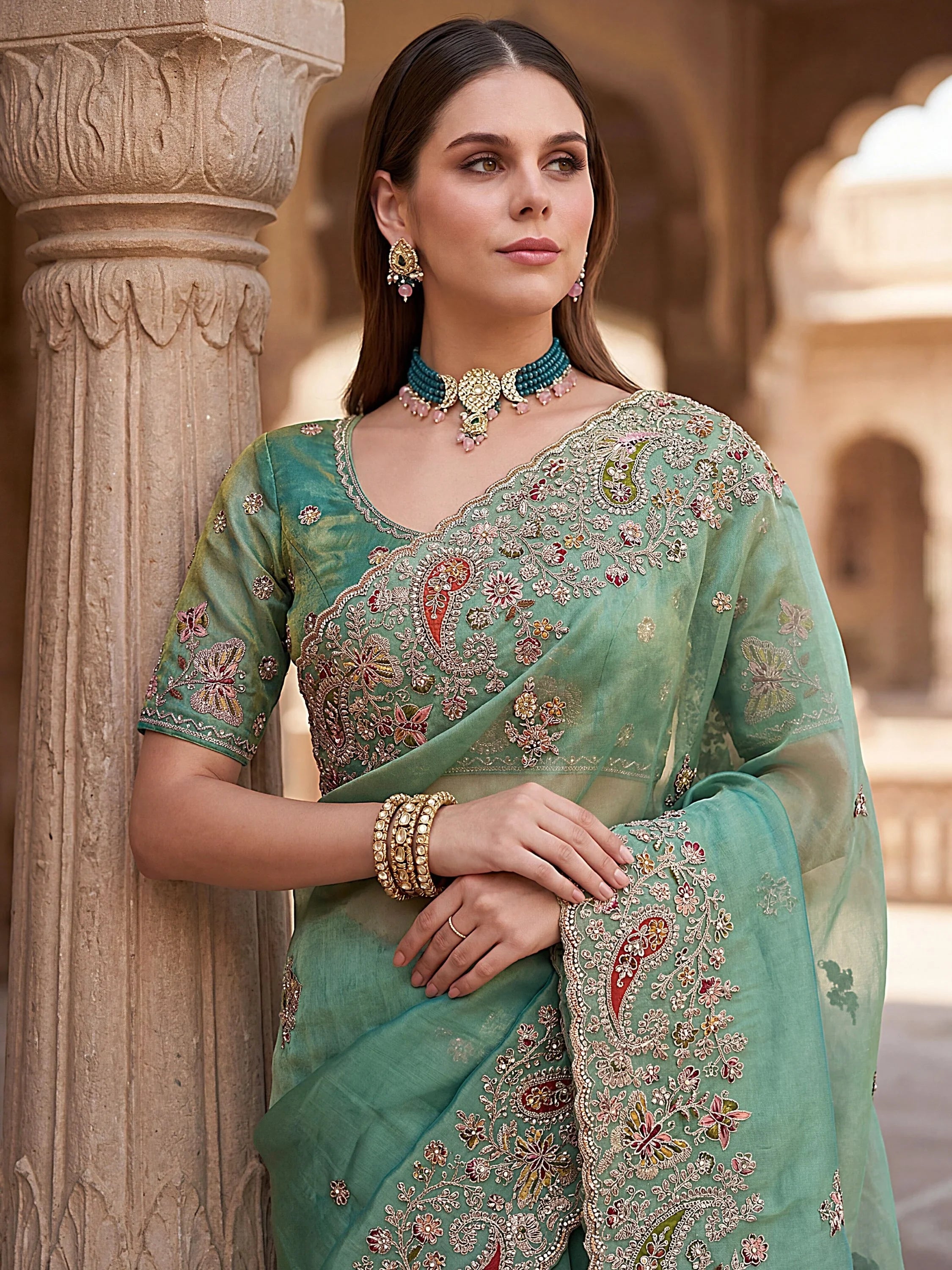 Green Pretty Patch Embroidery Silk Engagement Wear Saree With Blouse