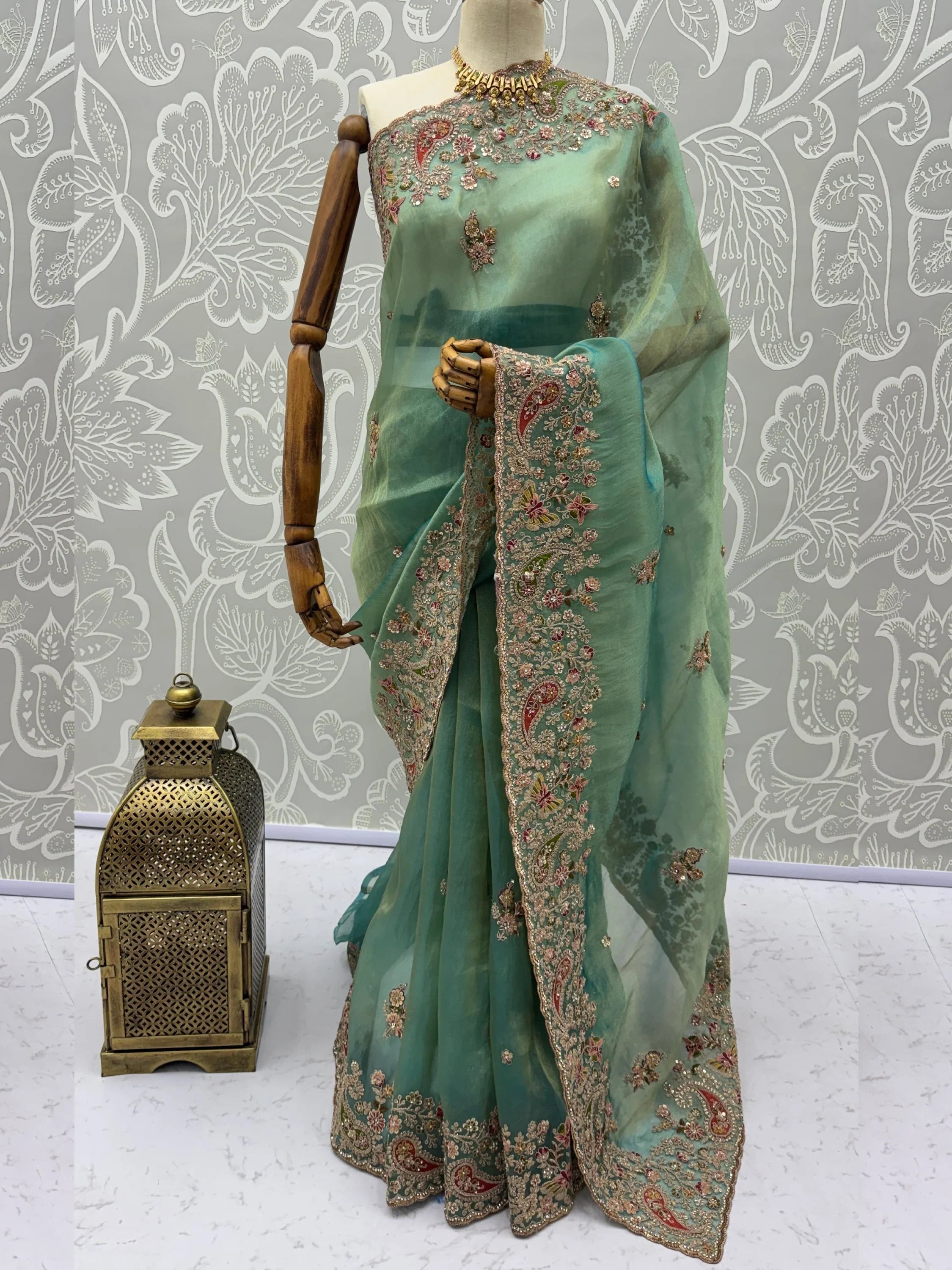 Green Pretty Patch Embroidery Silk Engagement Wear Saree With Blouse