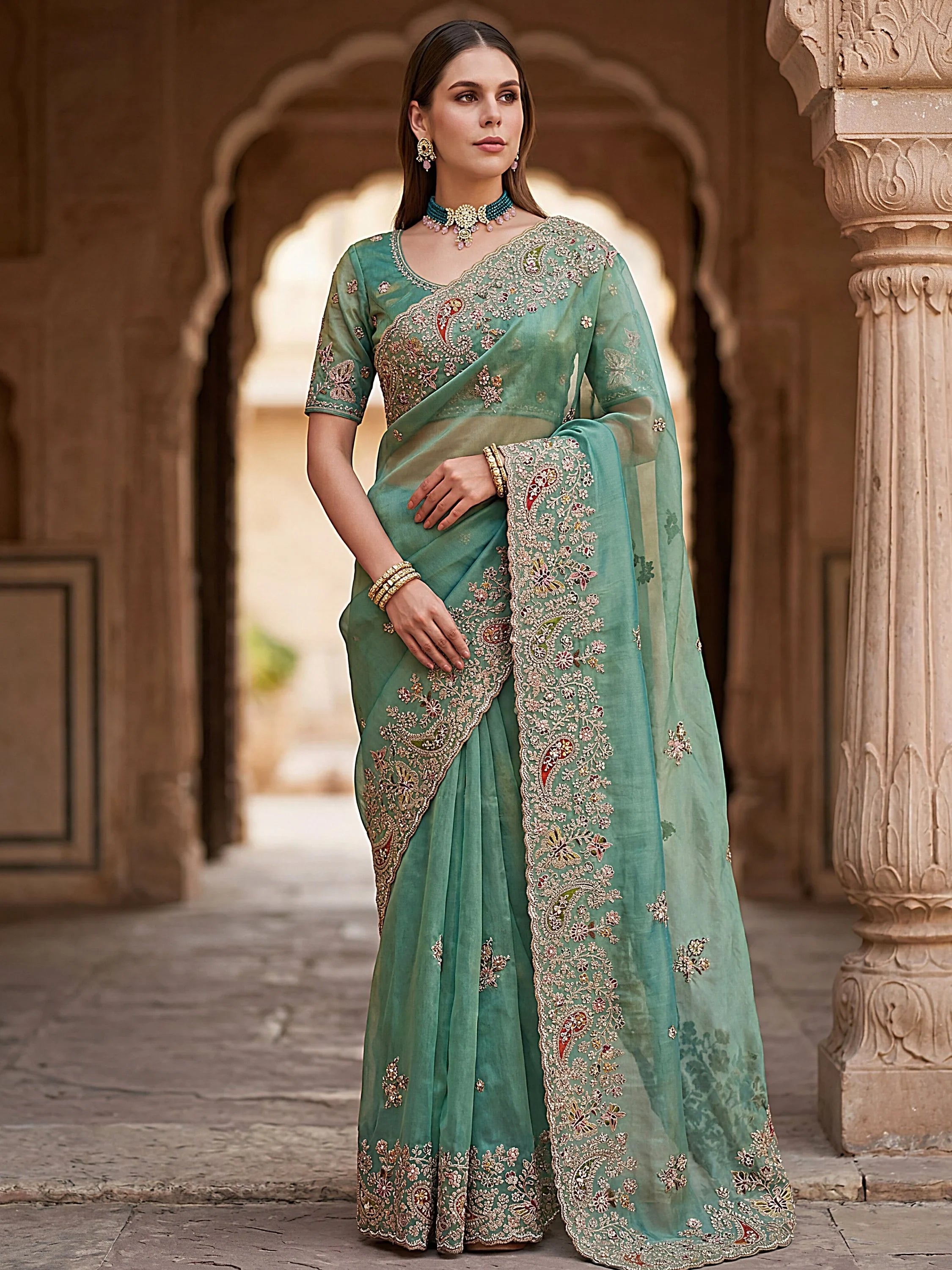 Green Pretty Patch Embroidery Silk Engagement Wear Saree With Blouse