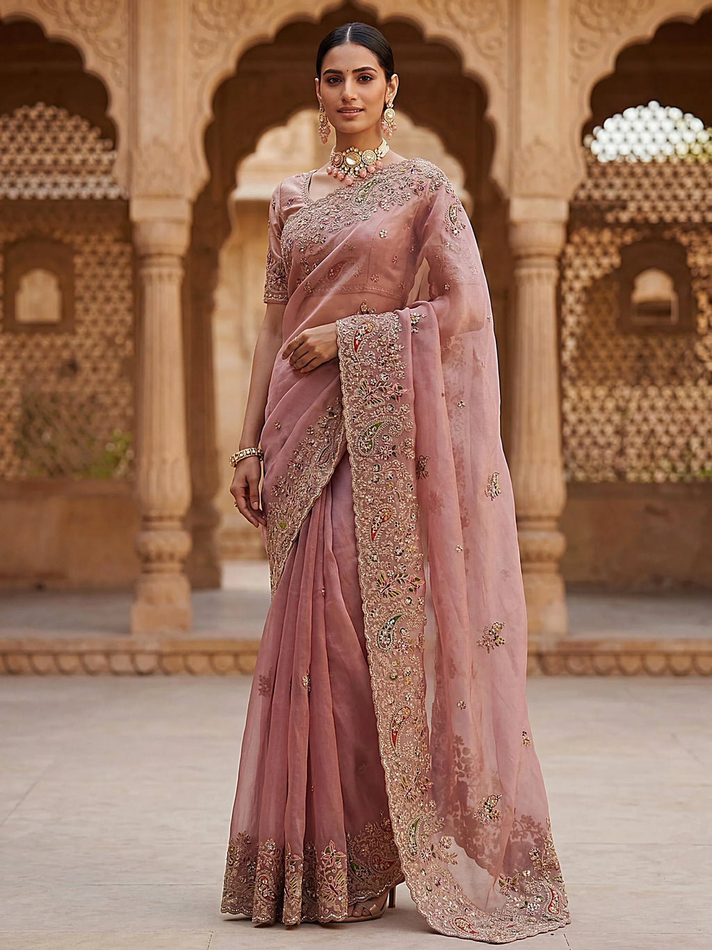 Peach Pretty Patch Embroidery Silk Engagement Wear Saree With Blouse