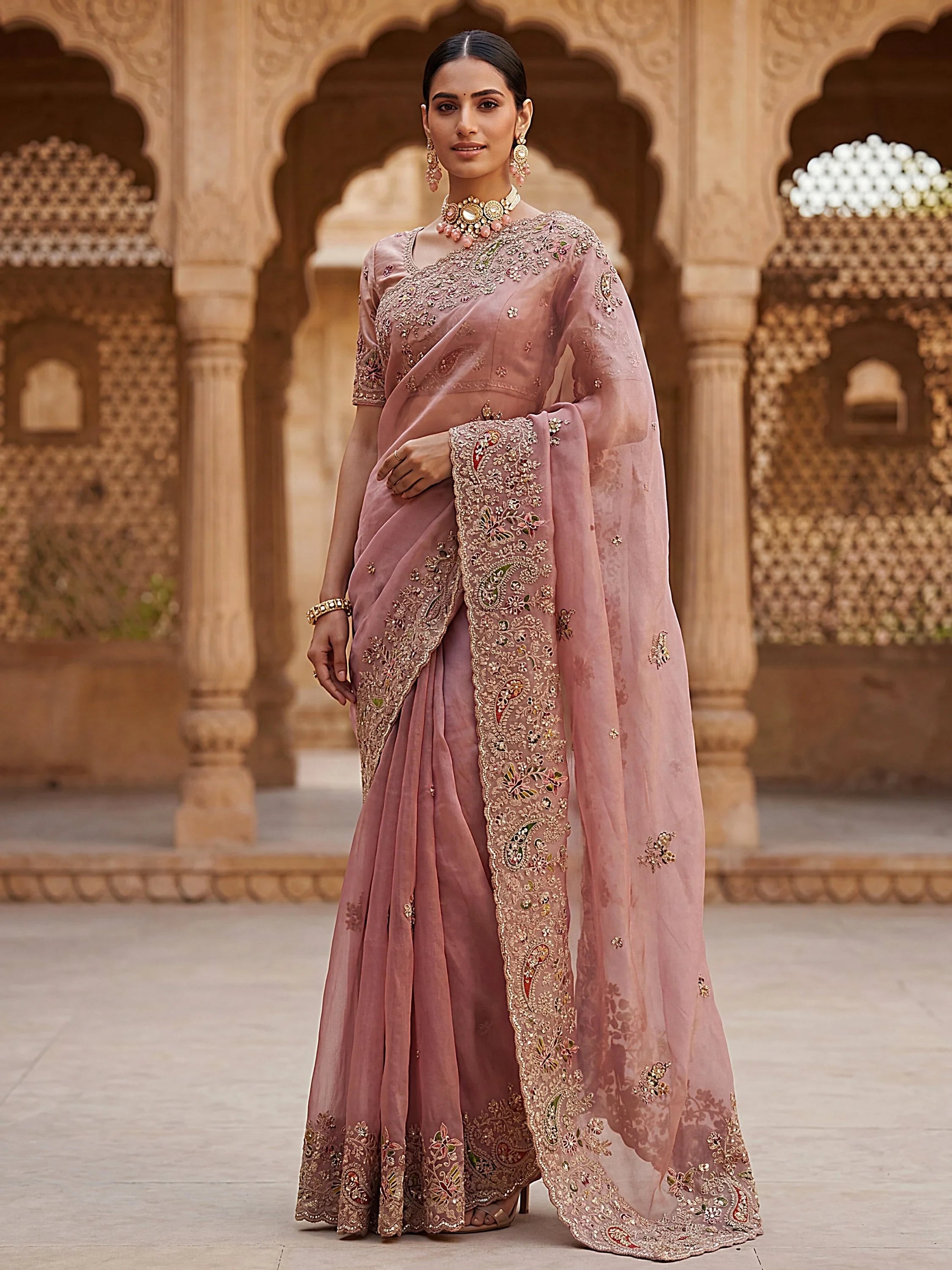 Peach Pretty Patch Embroidery Silk Engagement Wear Saree With Blouse