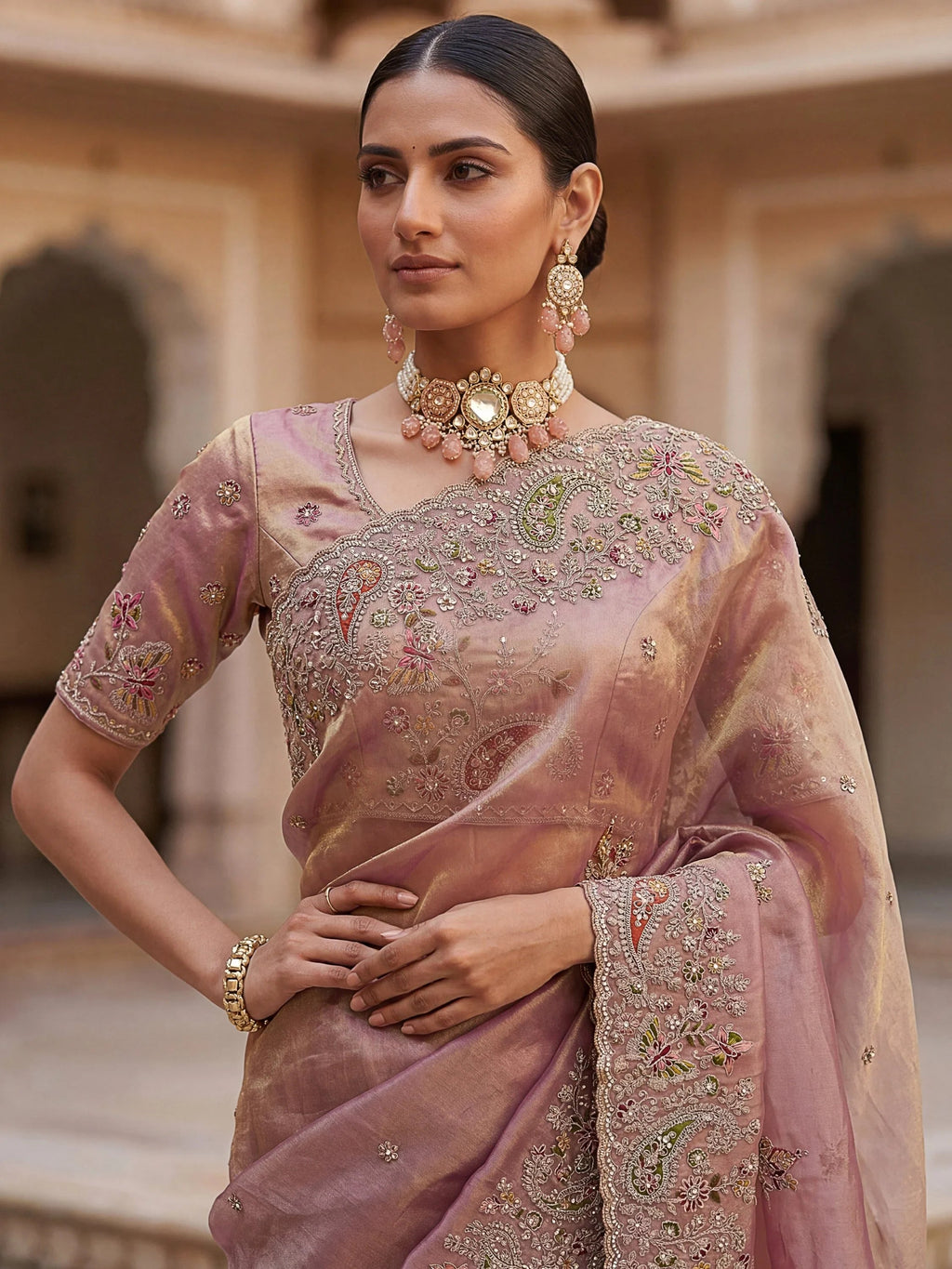 Peach Pretty Patch Embroidery Silk Engagement Wear Saree With Blouse