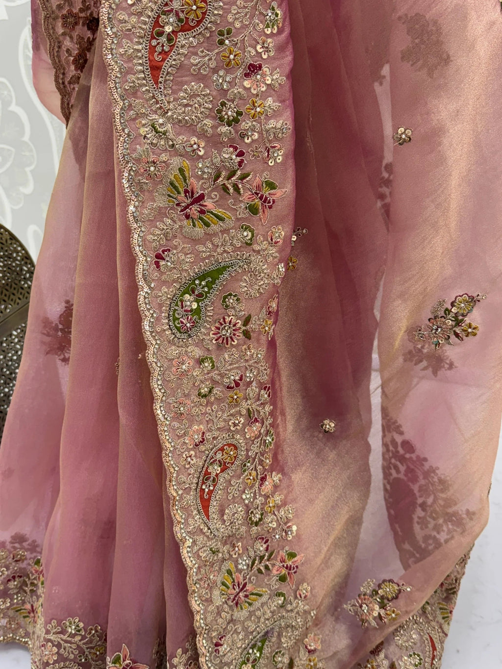 Peach Pretty Patch Embroidery Silk Engagement Wear Saree With Blouse