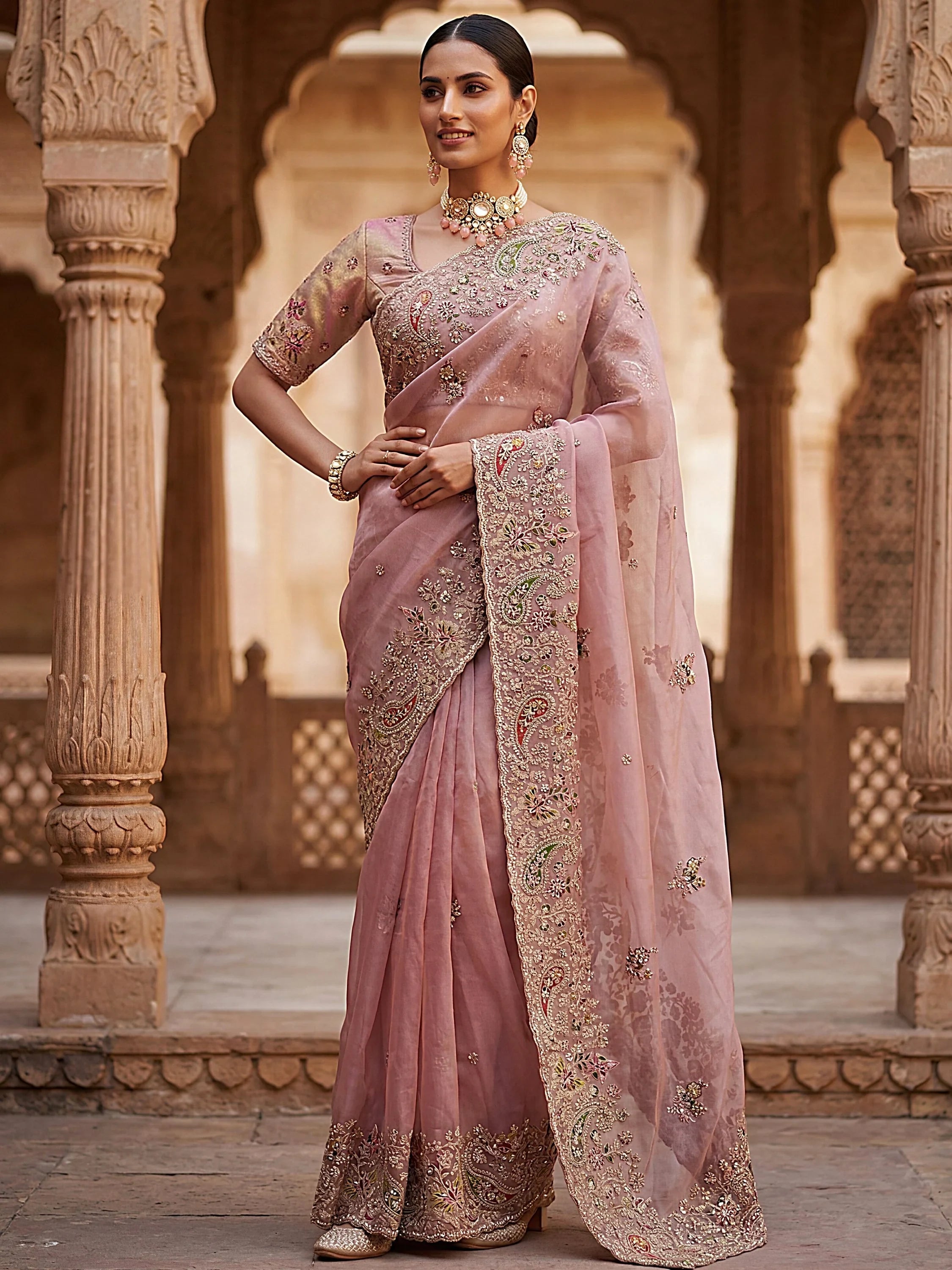 Peach Pretty Patch Embroidery Silk Engagement Wear Saree With Blouse