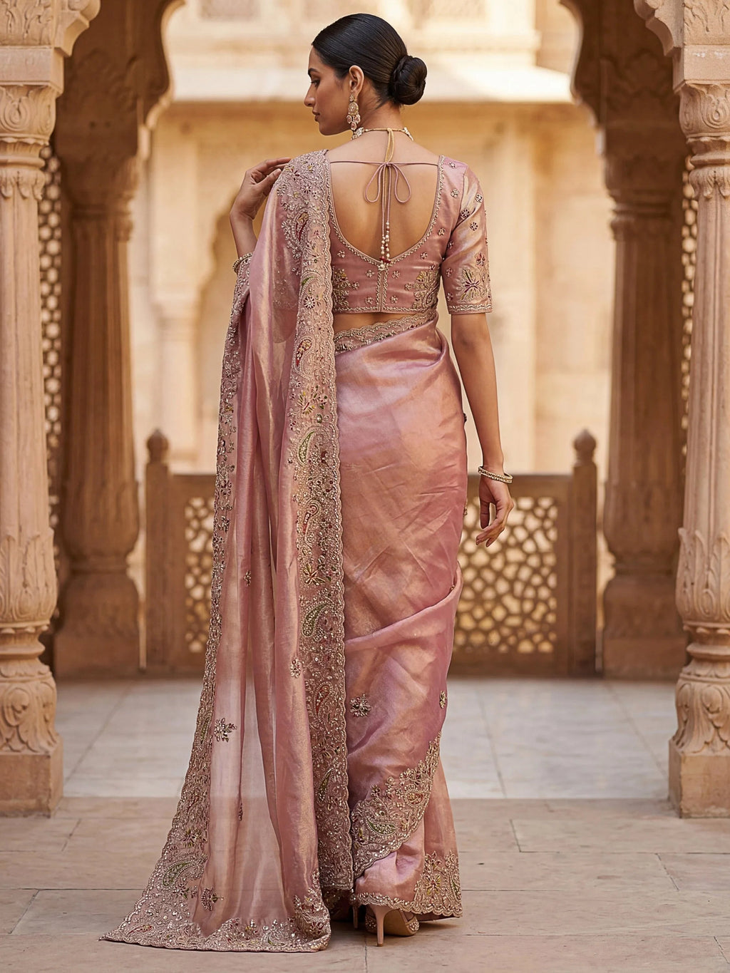 Peach Pretty Patch Embroidery Silk Engagement Wear Saree With Blouse