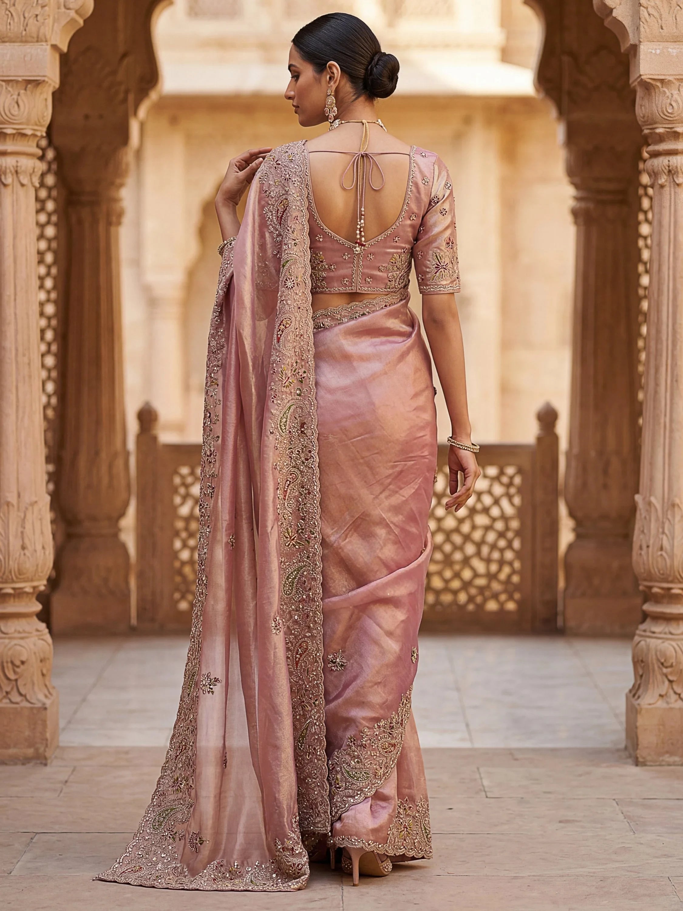 Peach Pretty Patch Embroidery Silk Engagement Wear Saree With Blouse