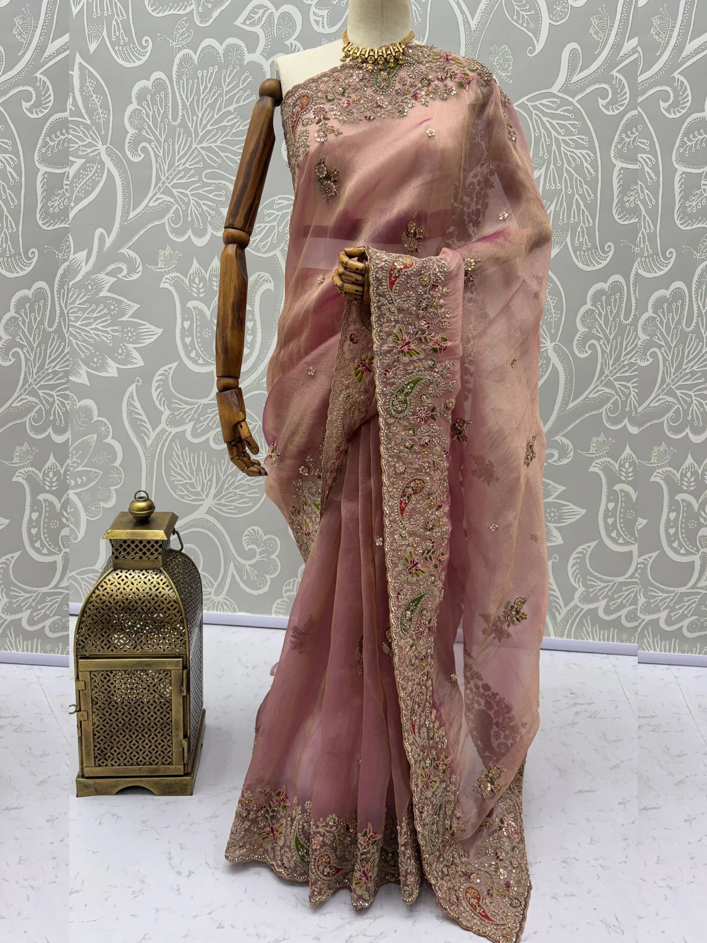 Peach Pretty Patch Embroidery Silk Engagement Wear Saree With Blouse