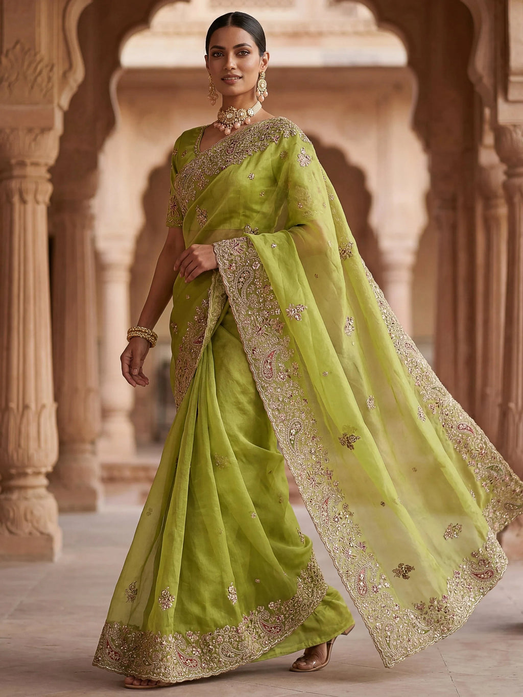 Marvelous Green Sequins Silk Wedding Wear Saree With Blouse