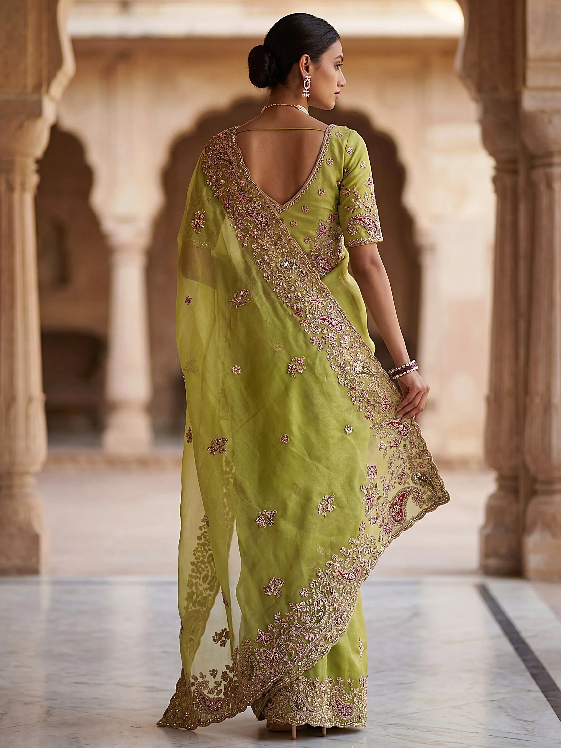 Marvelous Green Sequins Silk Wedding Wear Saree With Blouse