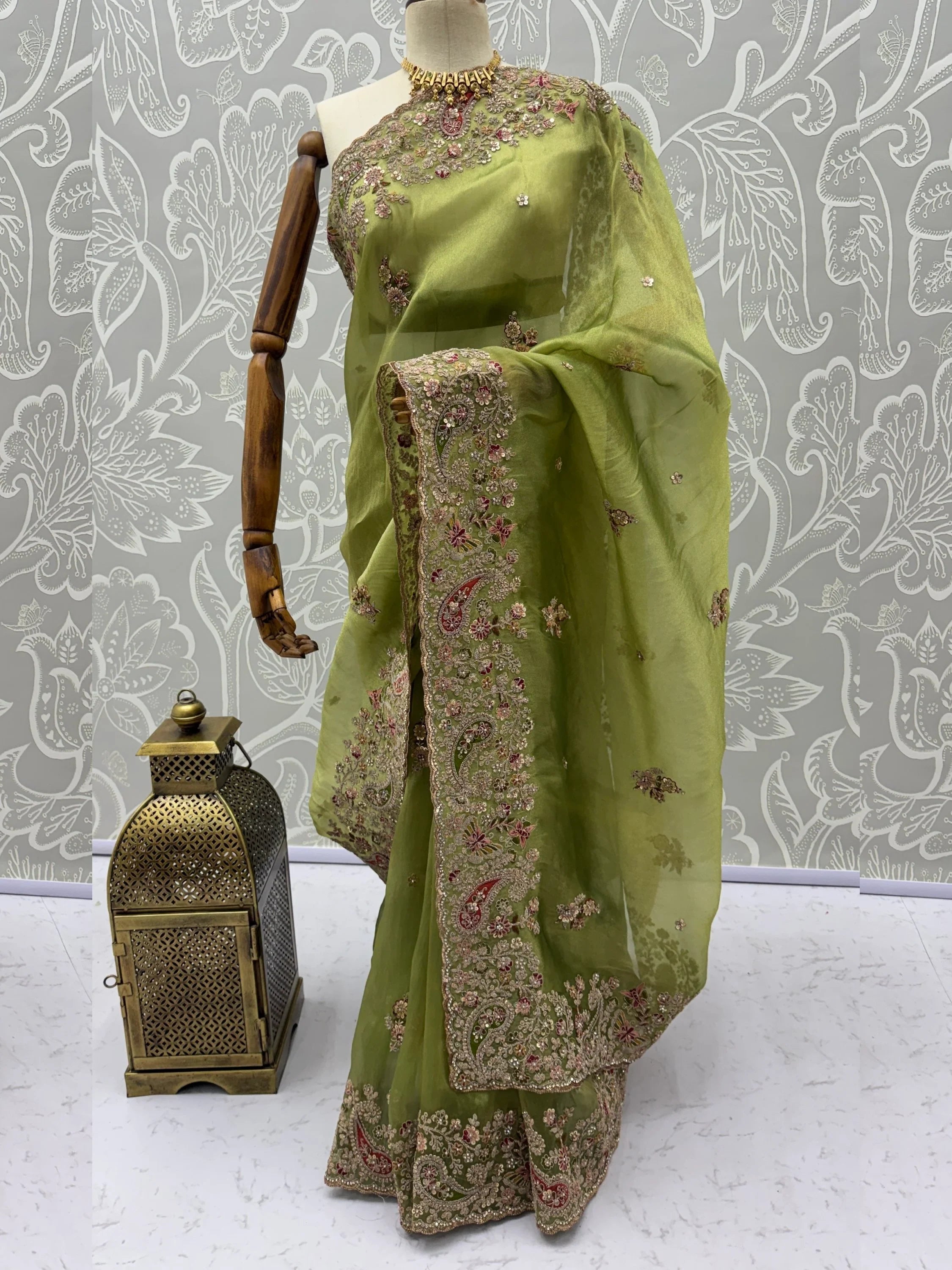 Marvelous Green Sequins Silk Wedding Wear Saree With Blouse