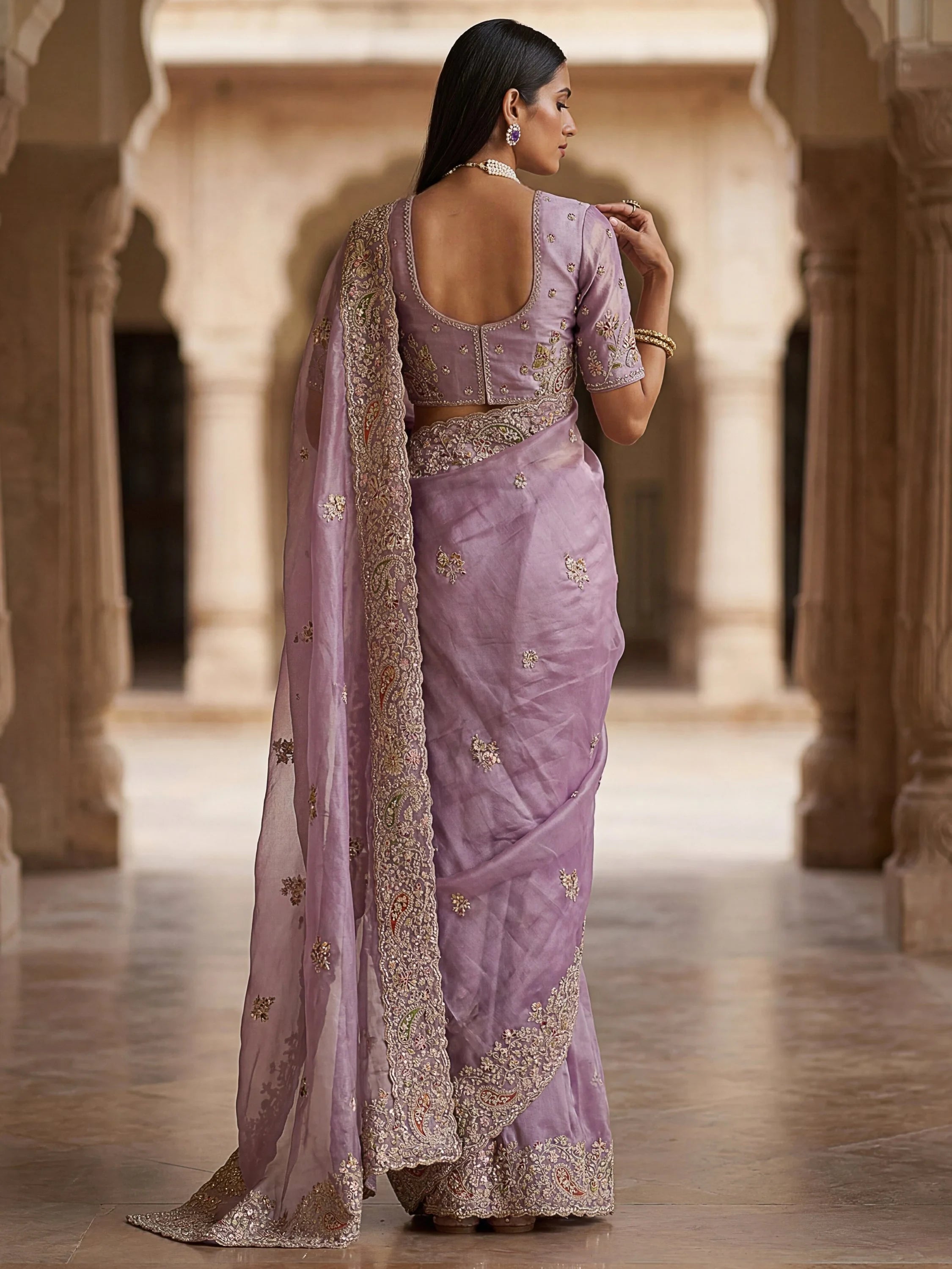 Lavender Pretty Patch Embroidery Silk Engagement Wear Saree With Blouse
