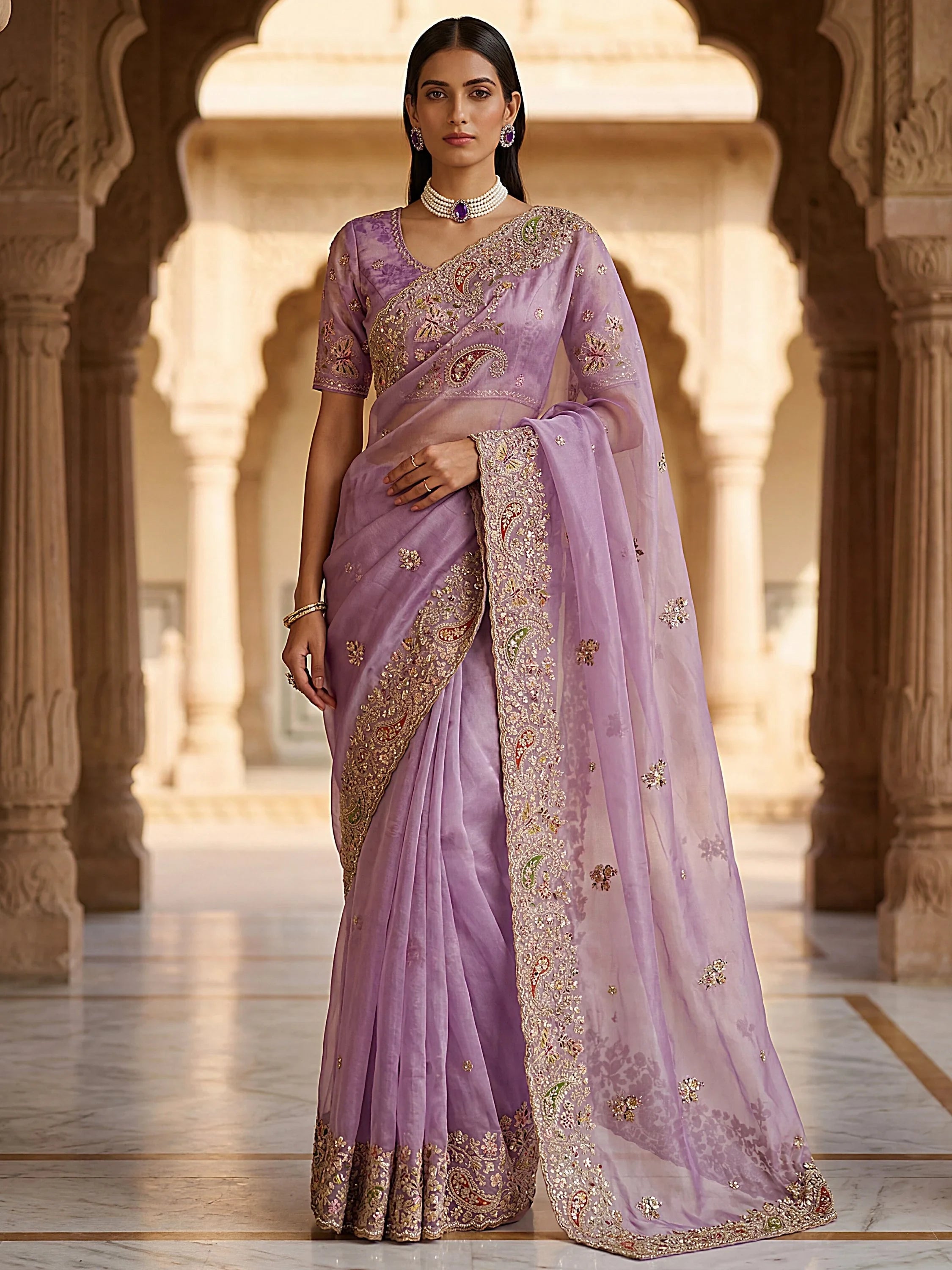 Lavender Pretty Patch Embroidery Silk Engagement Wear Saree With Blouse