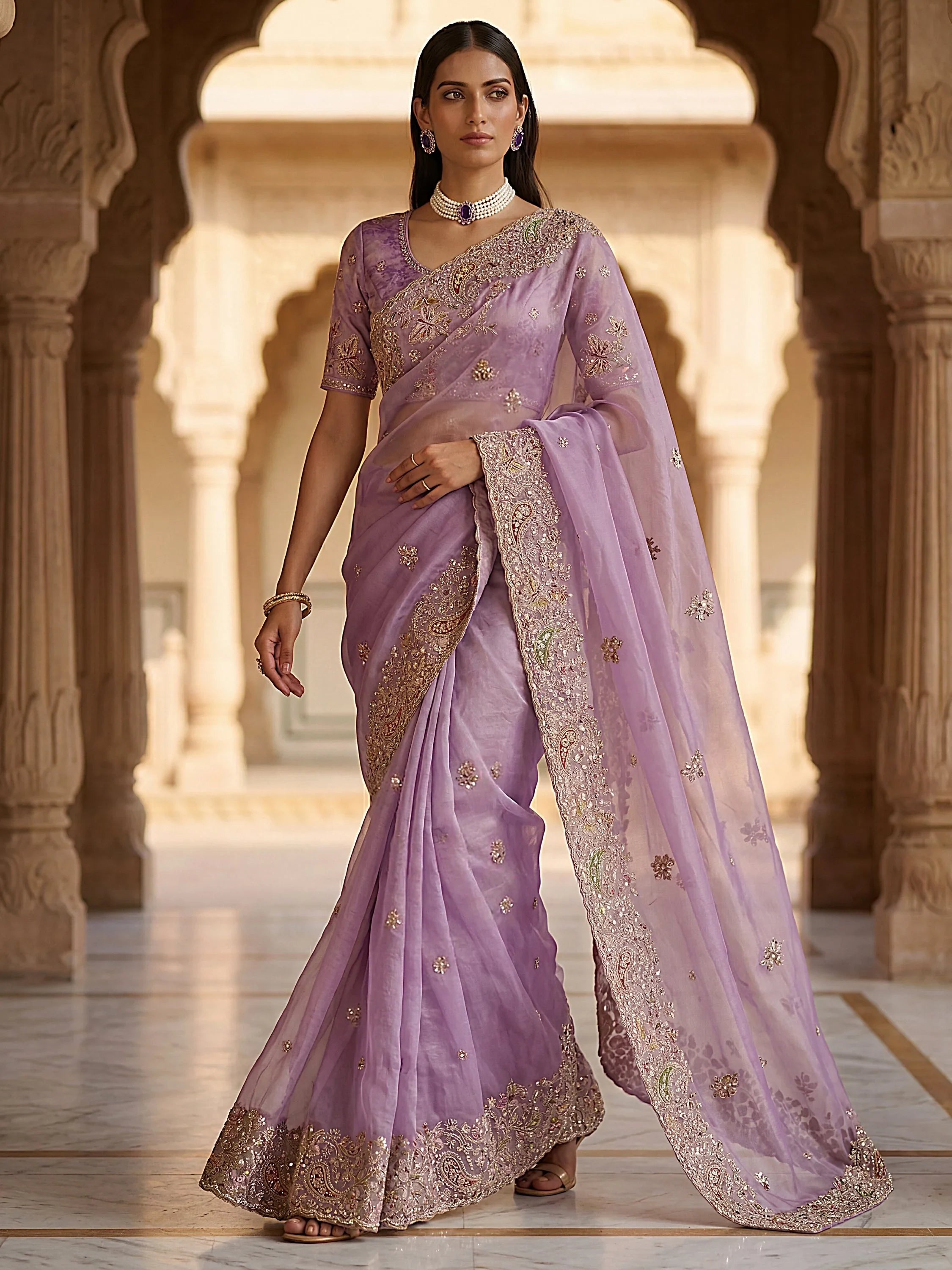 Lavender Pretty Patch Embroidery Silk Engagement Wear Saree With Blouse