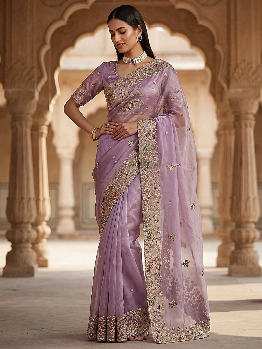 Lavender Pretty Patch Embroidery Silk Engagement Wear Saree With Blouse