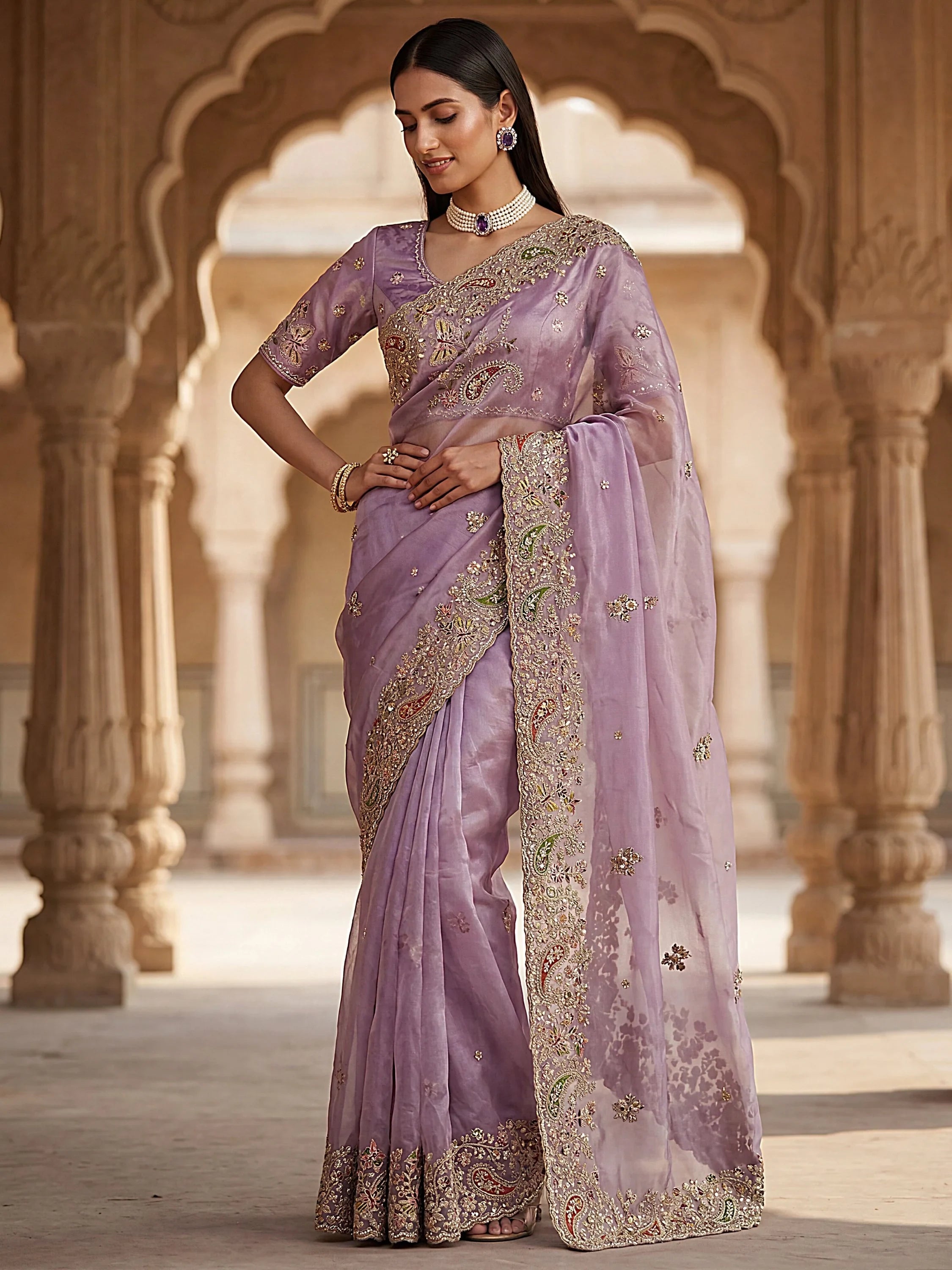 Lavender Pretty Patch Embroidery Silk Engagement Wear Saree With Blouse