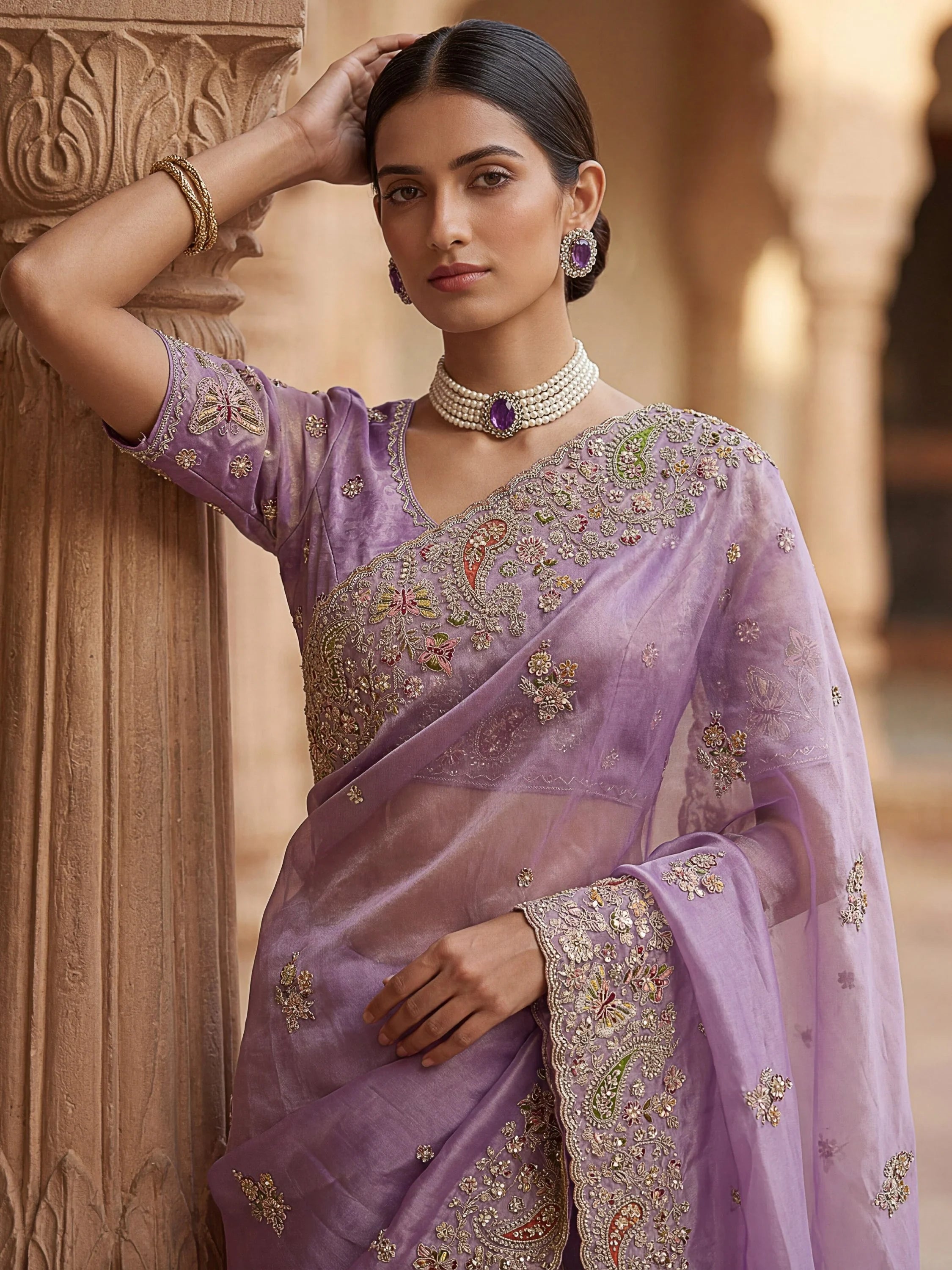 Lavender Pretty Patch Embroidery Silk Engagement Wear Saree With Blouse
