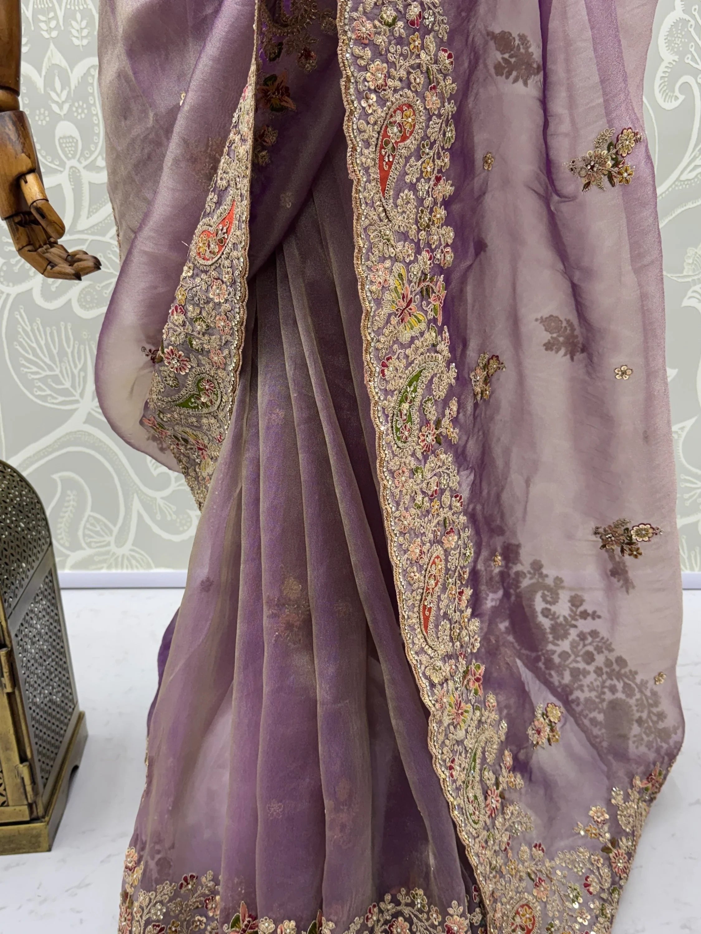 Lavender Pretty Patch Embroidery Silk Engagement Wear Saree With Blouse