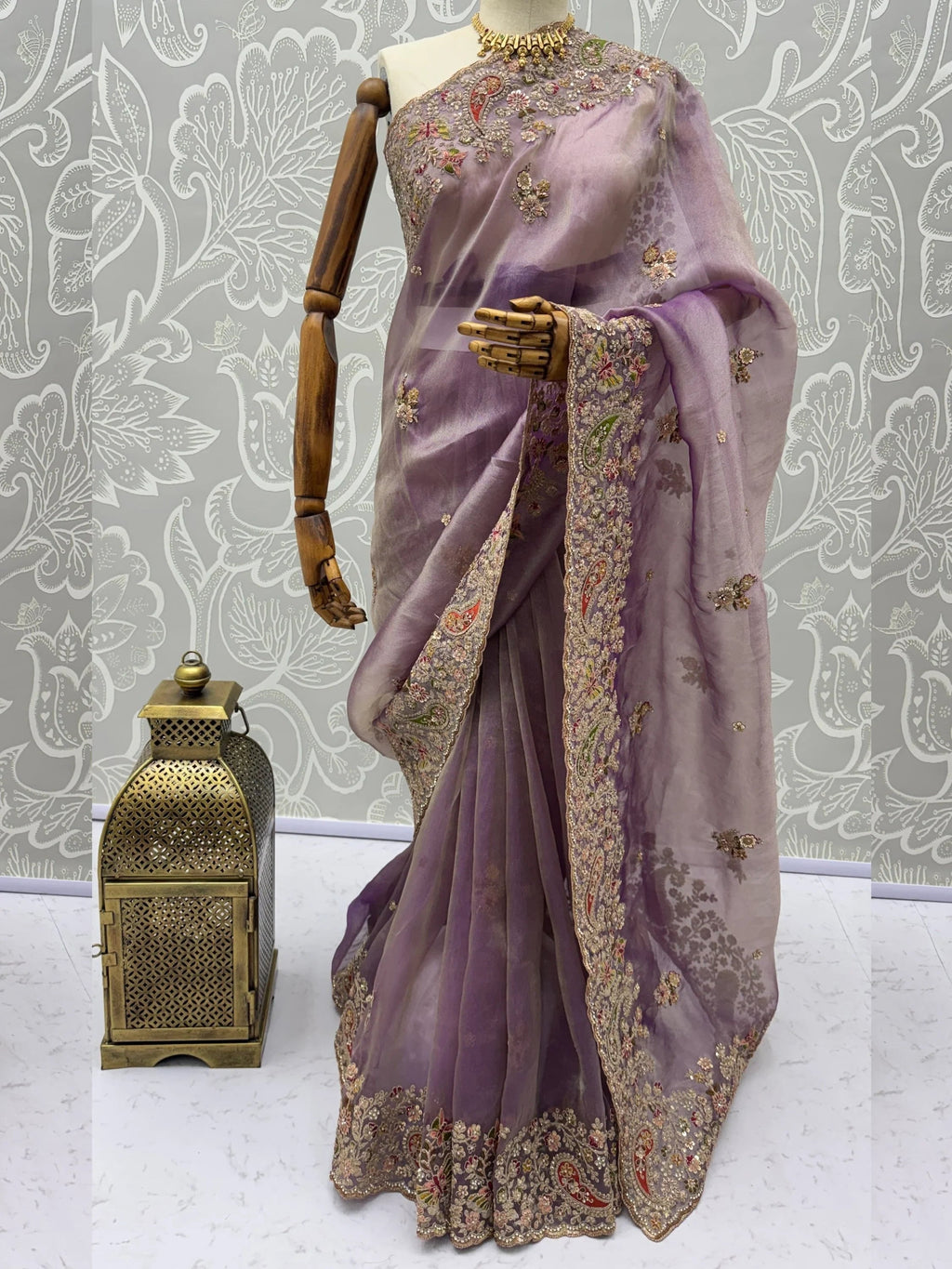 Lavender Pretty Patch Embroidery Silk Engagement Wear Saree With Blouse