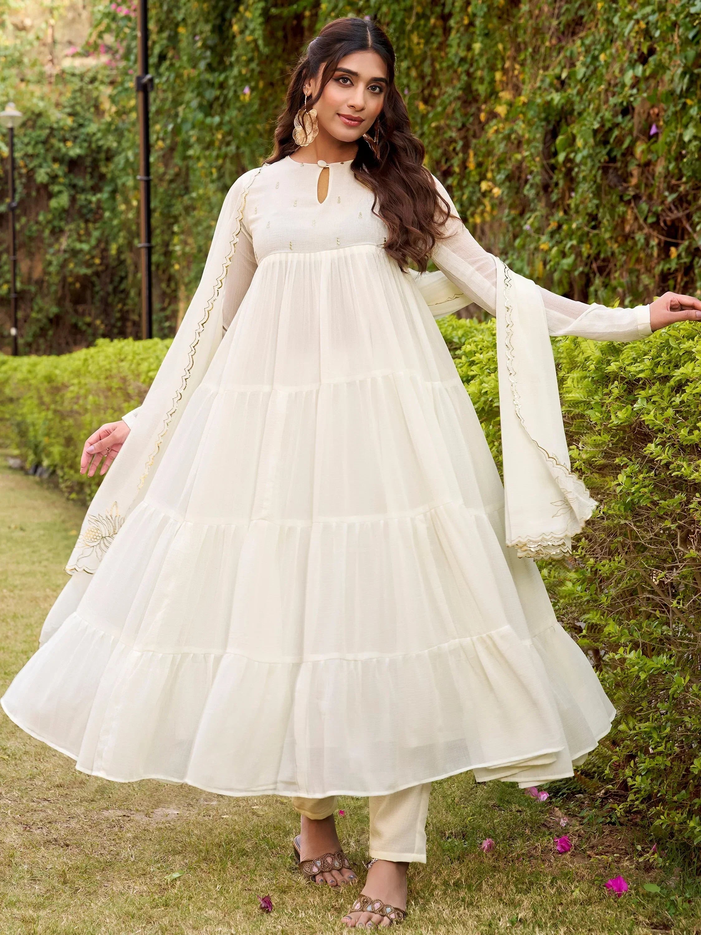 Classic Off White Foil Work Chiffon Festival Wear Salwar Kameez