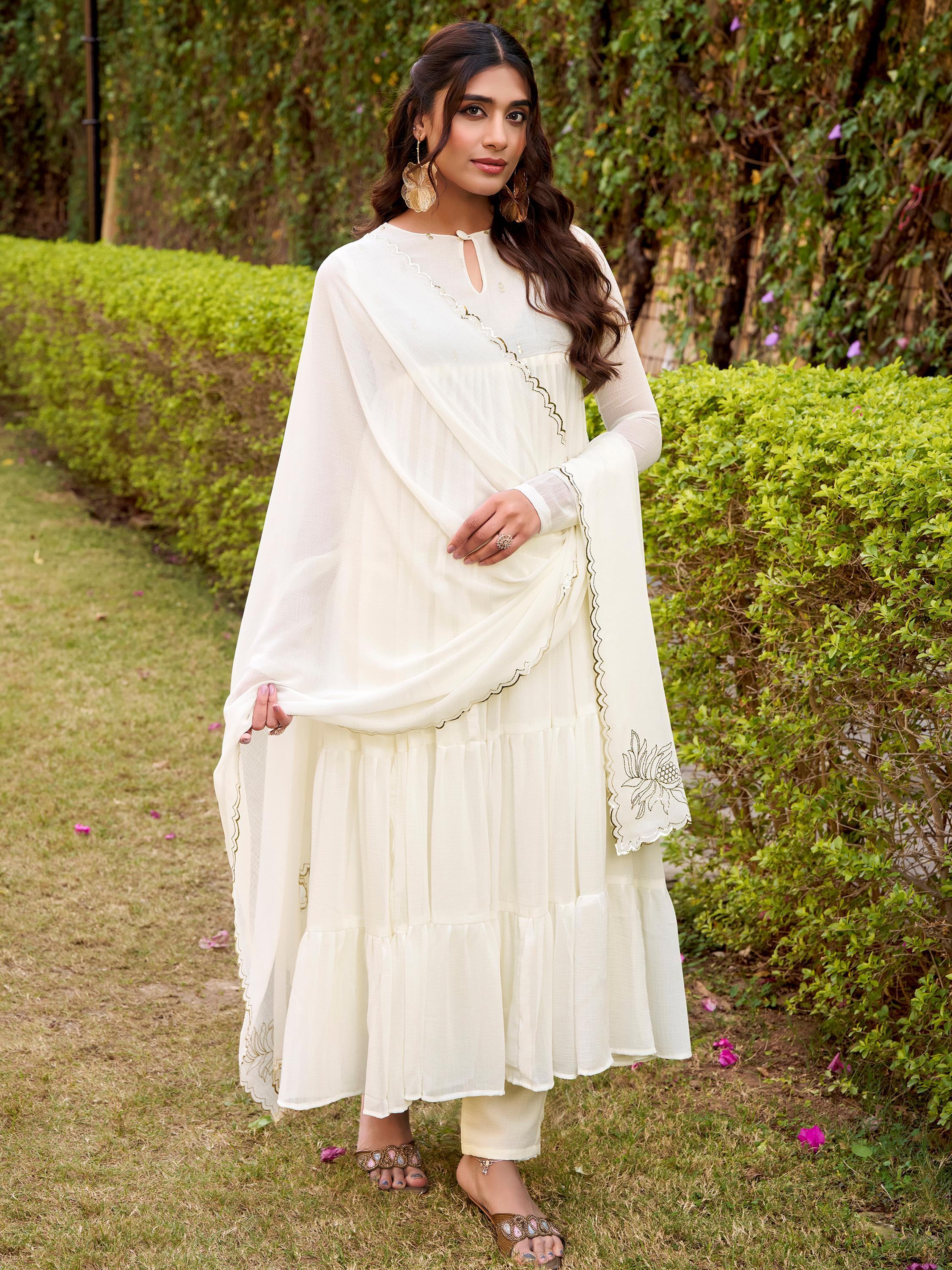 Classic Off White Foil Work Chiffon Festival Wear Salwar Kameez