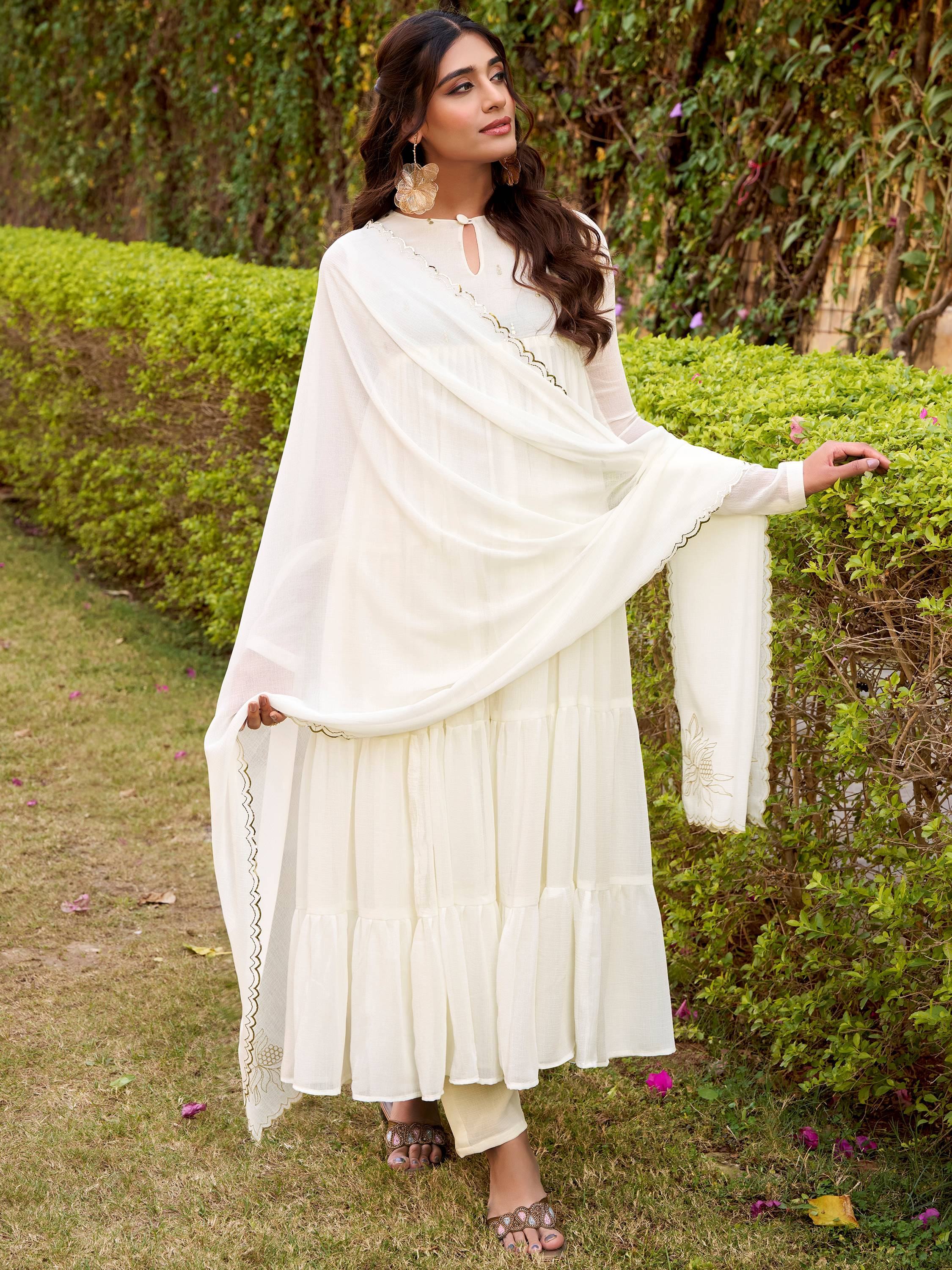 Classic Off White Foil Work Chiffon Festival Wear Salwar Kameez