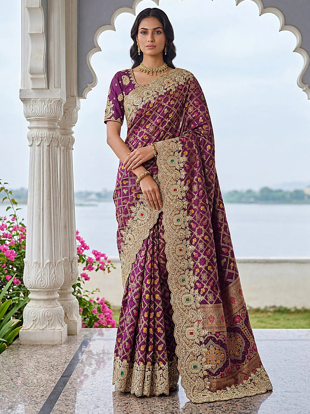 Purple Glorious Heavy Bordered Silk Function Wear Saree With Blouse