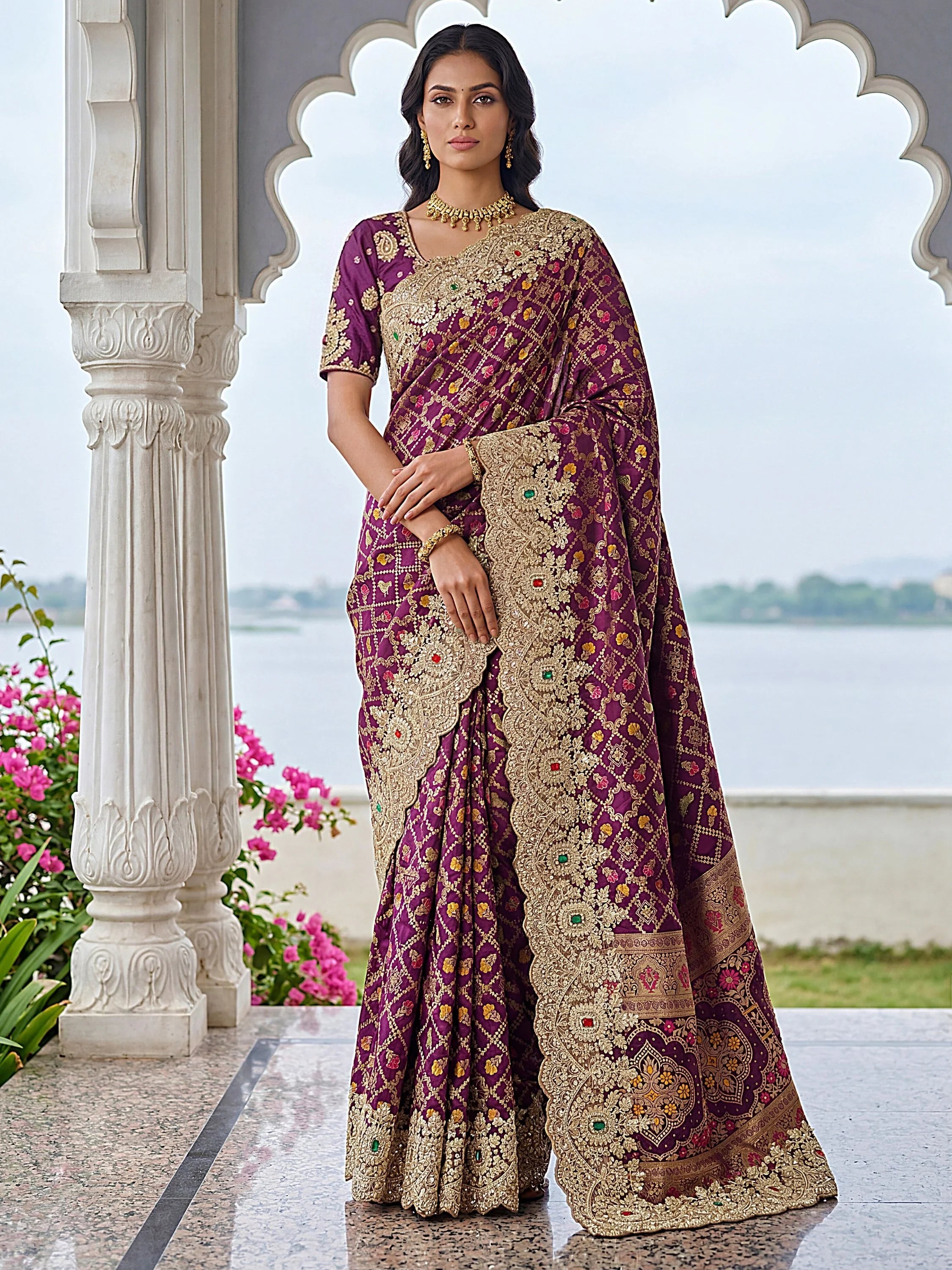 Purple Glorious Heavy Bordered Silk Function Wear Saree With Blouse