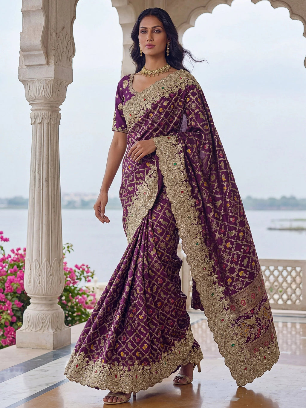 Purple Glorious Heavy Bordered Silk Function Wear Saree With Blouse