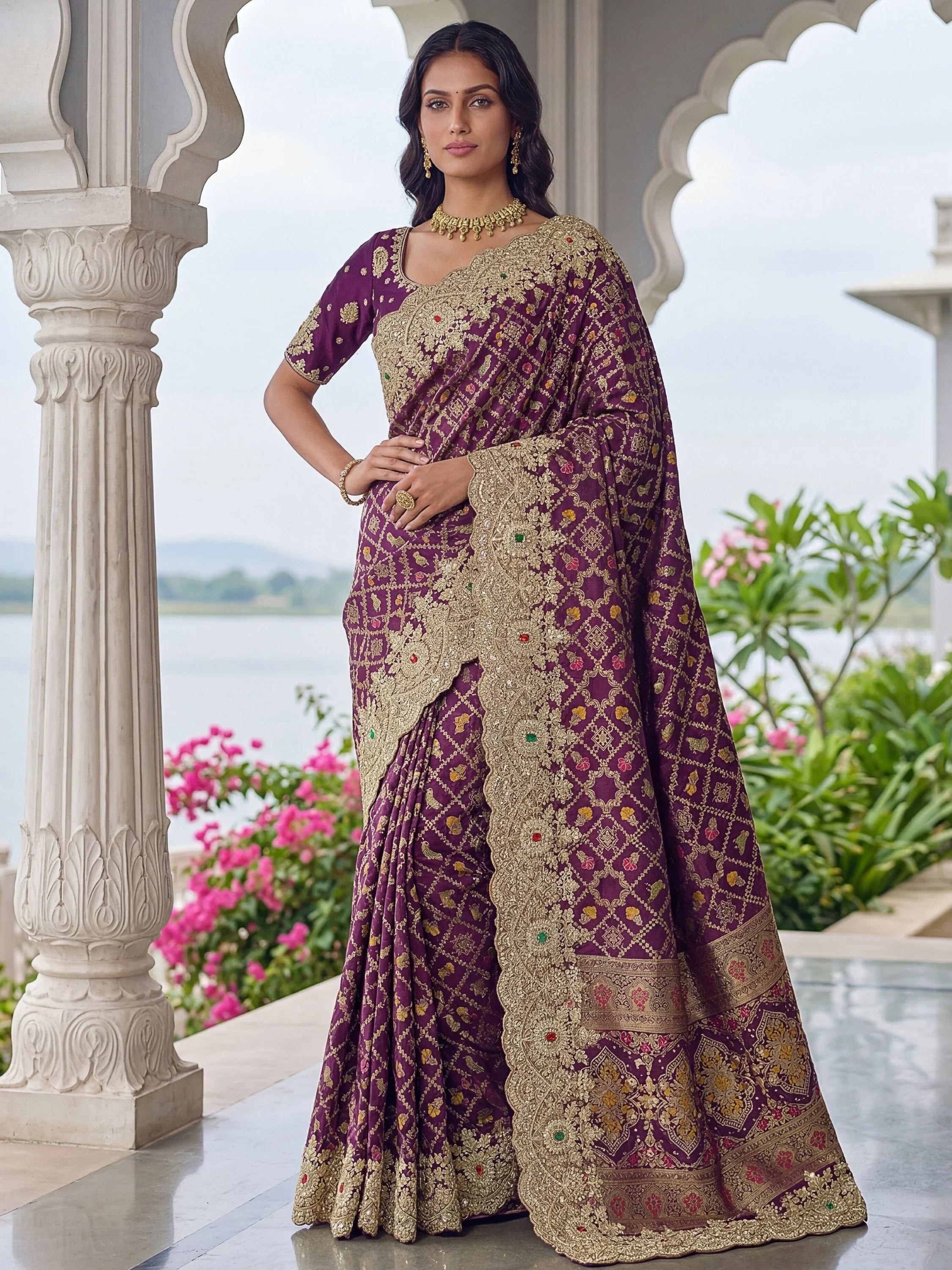Purple Glorious Heavy Bordered Silk Function Wear Saree With Blouse