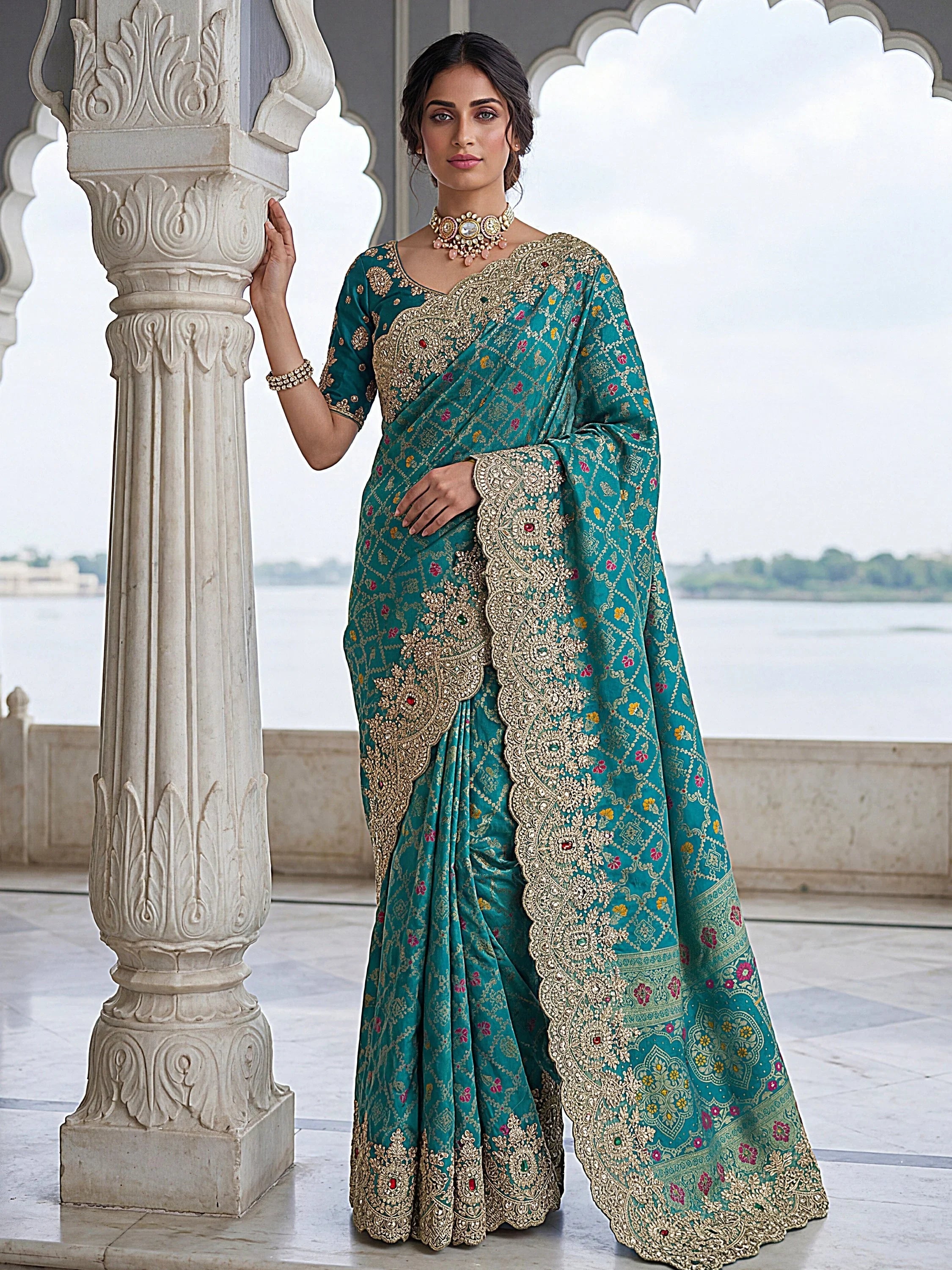 Teal Glorious Heavy Bordered Silk Function Wear Saree With Blouse