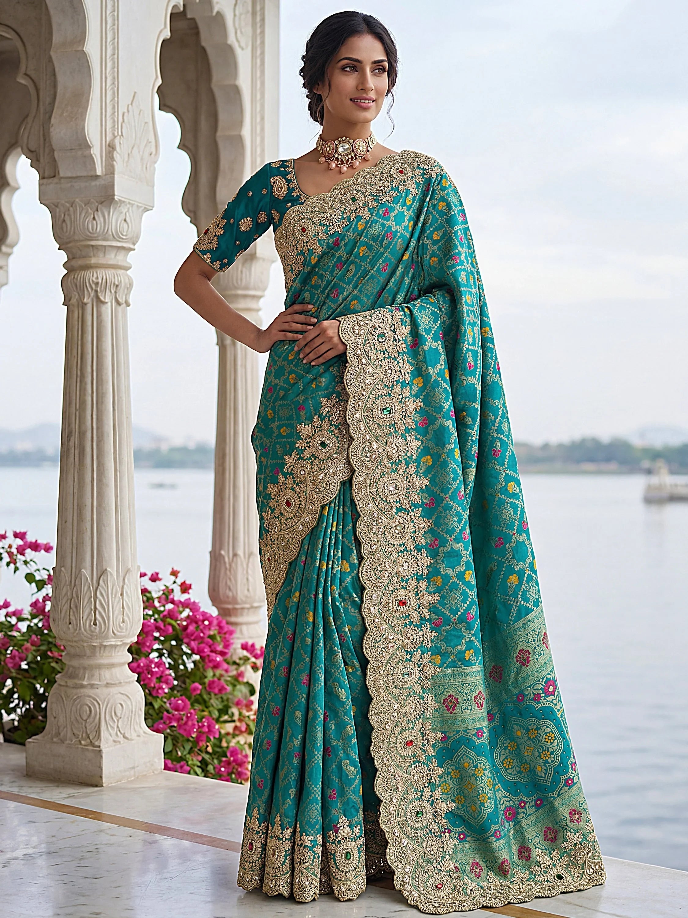 Teal Glorious Heavy Bordered Silk Function Wear Saree With Blouse