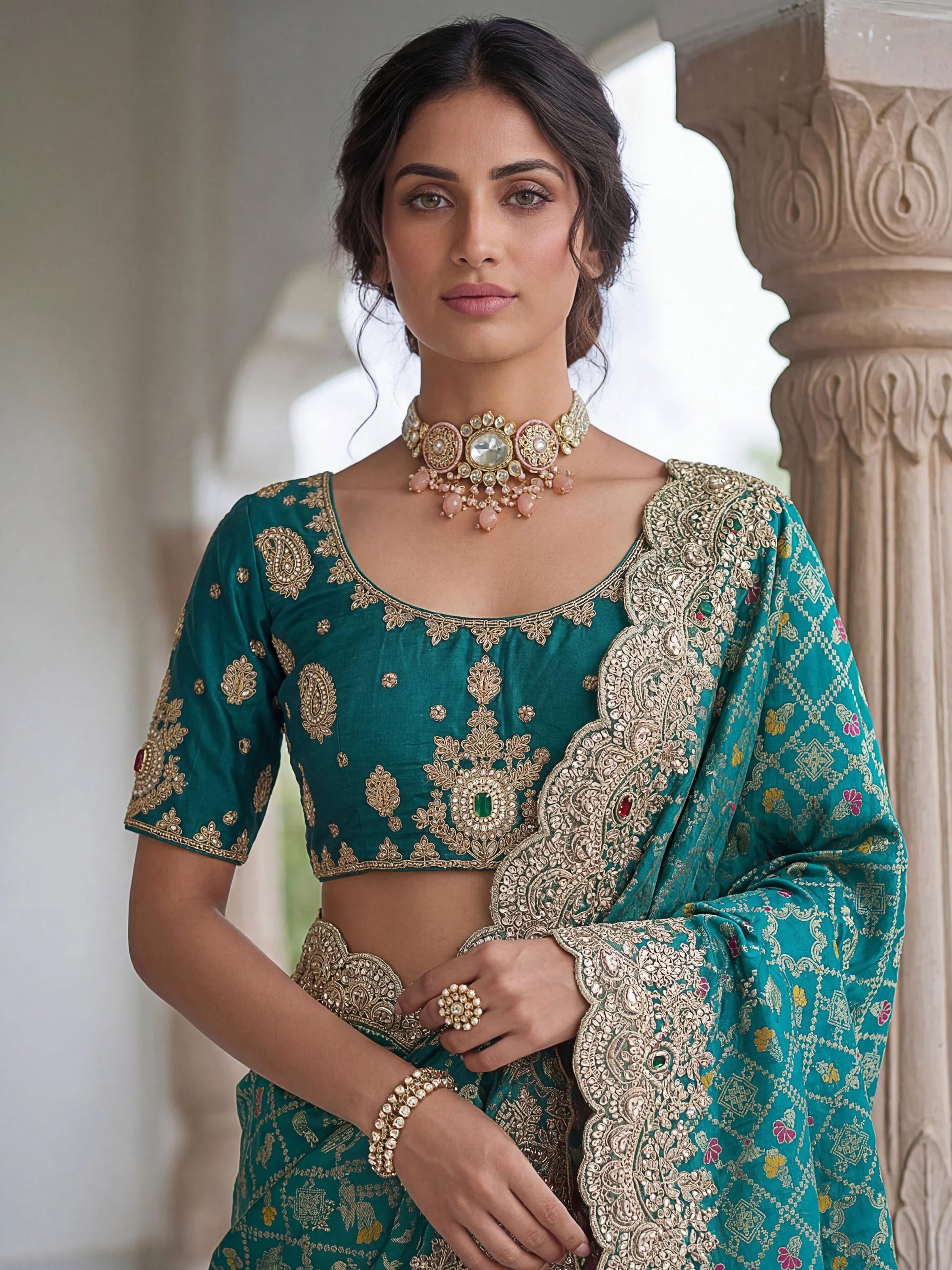 Teal Glorious Heavy Bordered Silk Function Wear Saree With Blouse