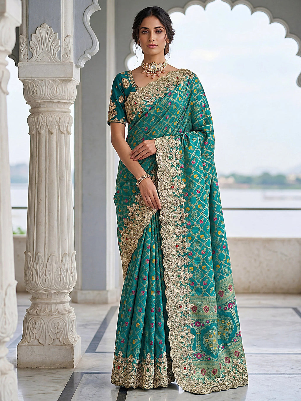 Teal Glorious Heavy Bordered Silk Function Wear Saree With Blouse