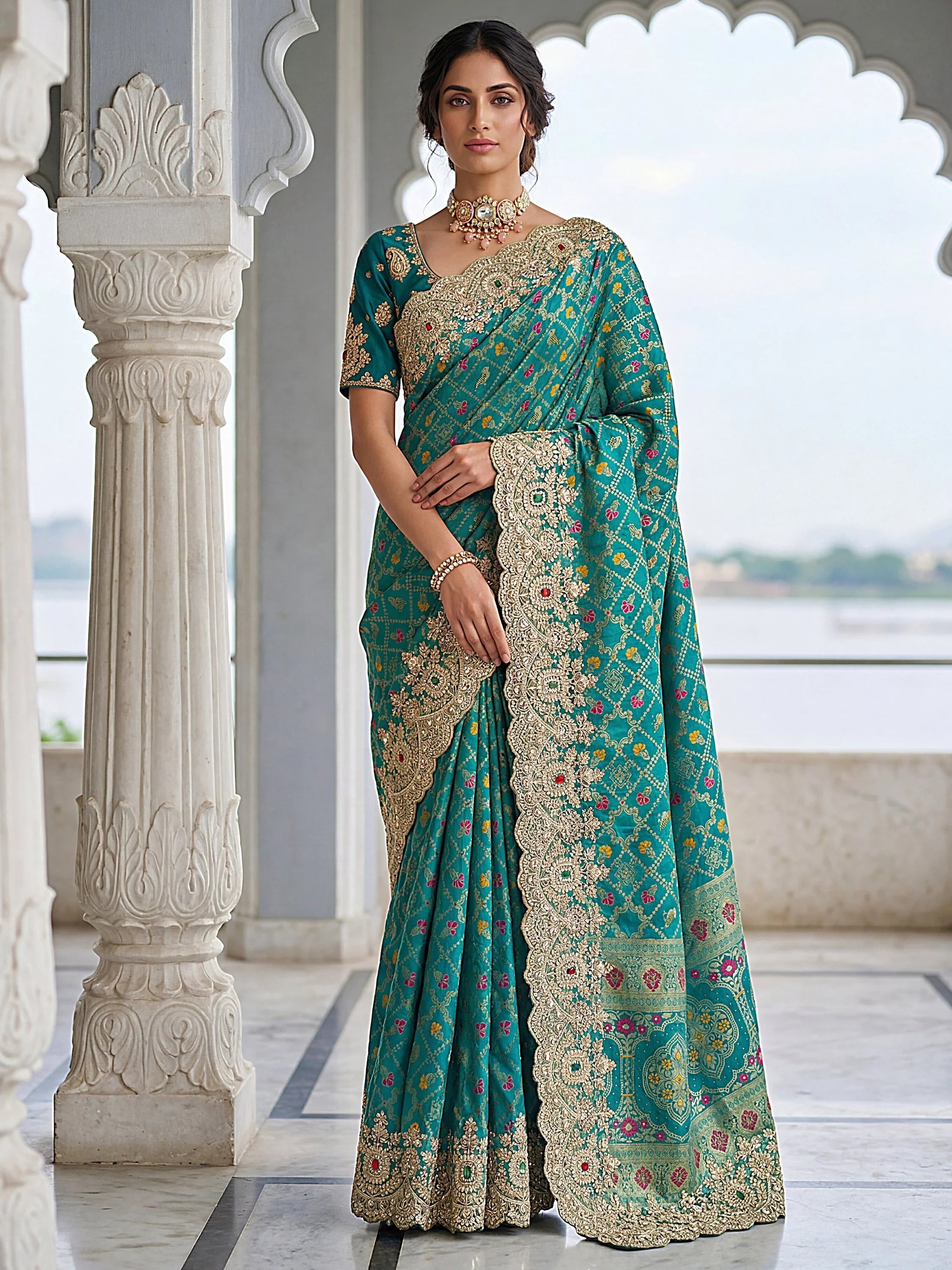 Teal Glorious Heavy Bordered Silk Function Wear Saree With Blouse
