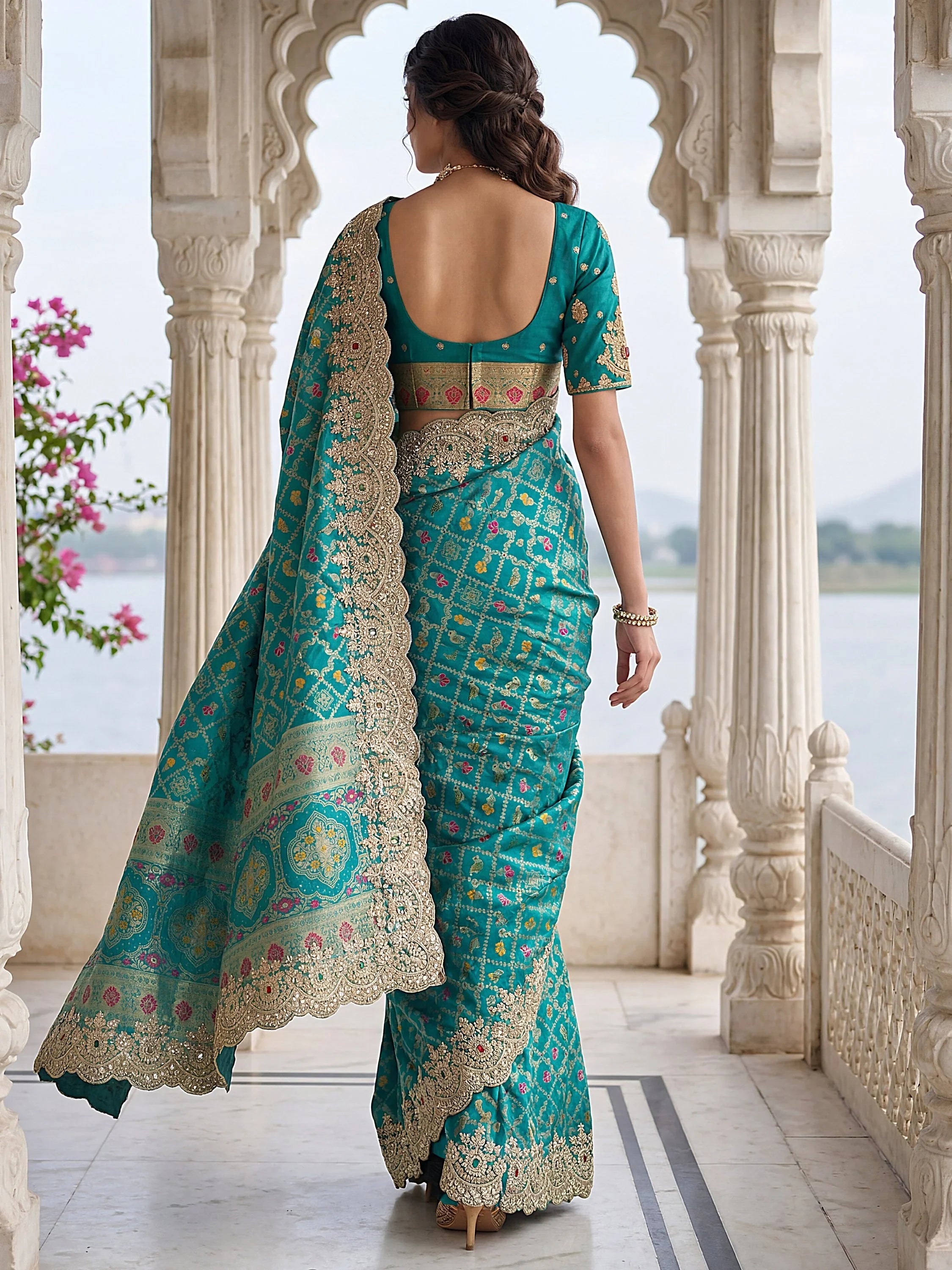 Teal Glorious Heavy Bordered Silk Function Wear Saree With Blouse