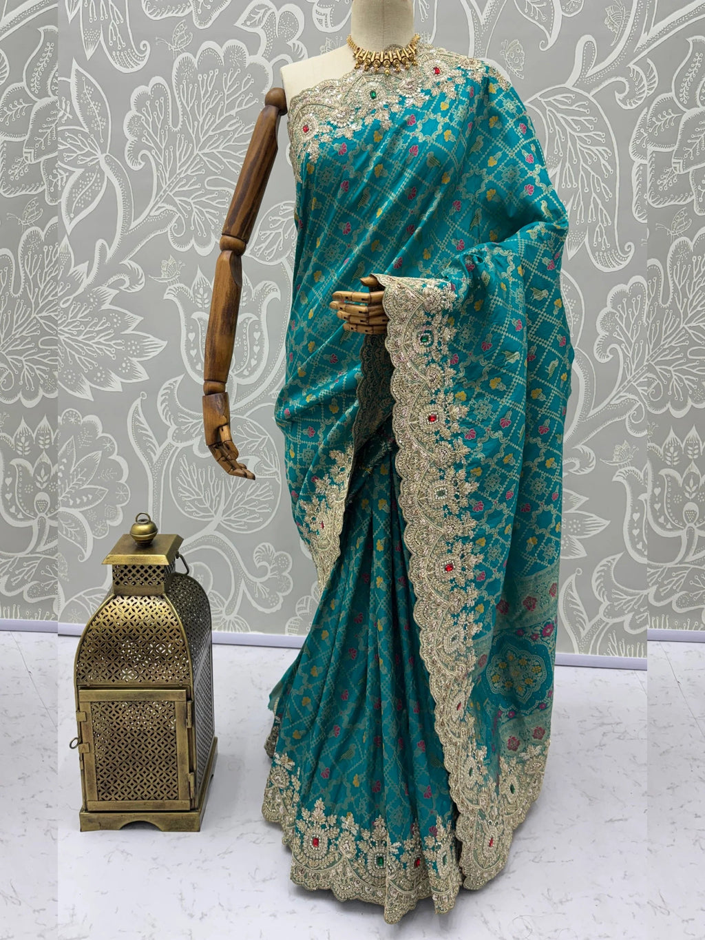 Teal Glorious Heavy Bordered Silk Function Wear Saree With Blouse