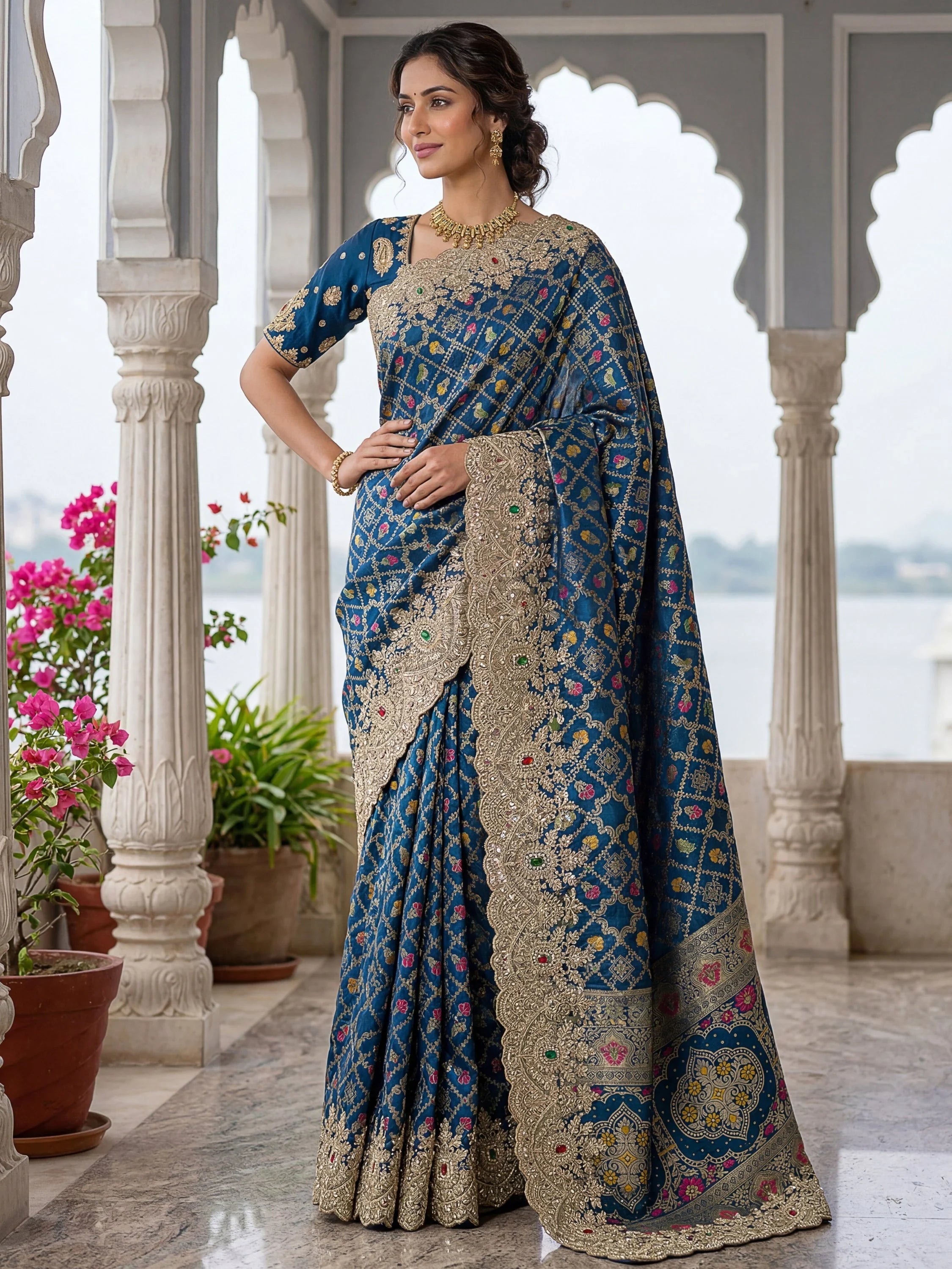 Navy Glorious Heavy Bordered Silk Function Wear Saree With Blouse